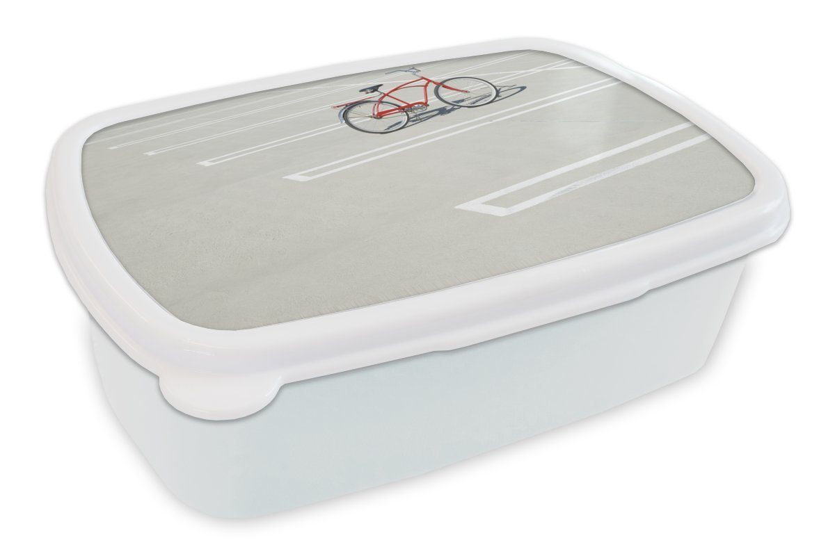 MuchoWow Lunchbox Ein geparktes rotes Fahrrad, Kunststoff, (2-tlg), Brotbox für Kinder und Erwachsene, Brotdose, für Jungs und Mädchen weiß