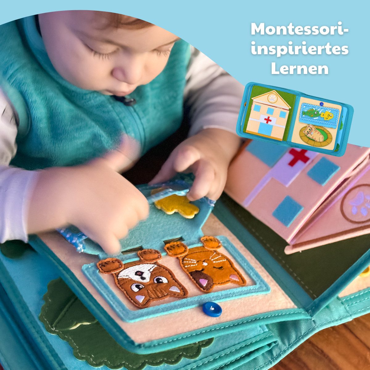 My First Book Lernspielzeug Montessori Quiet Book, Lucky Cat, Sensorik, Set inkl. Rucksack, Busy Book, Beschäftigung ab 1 Jahr, Reisespielzeug, Geschenk