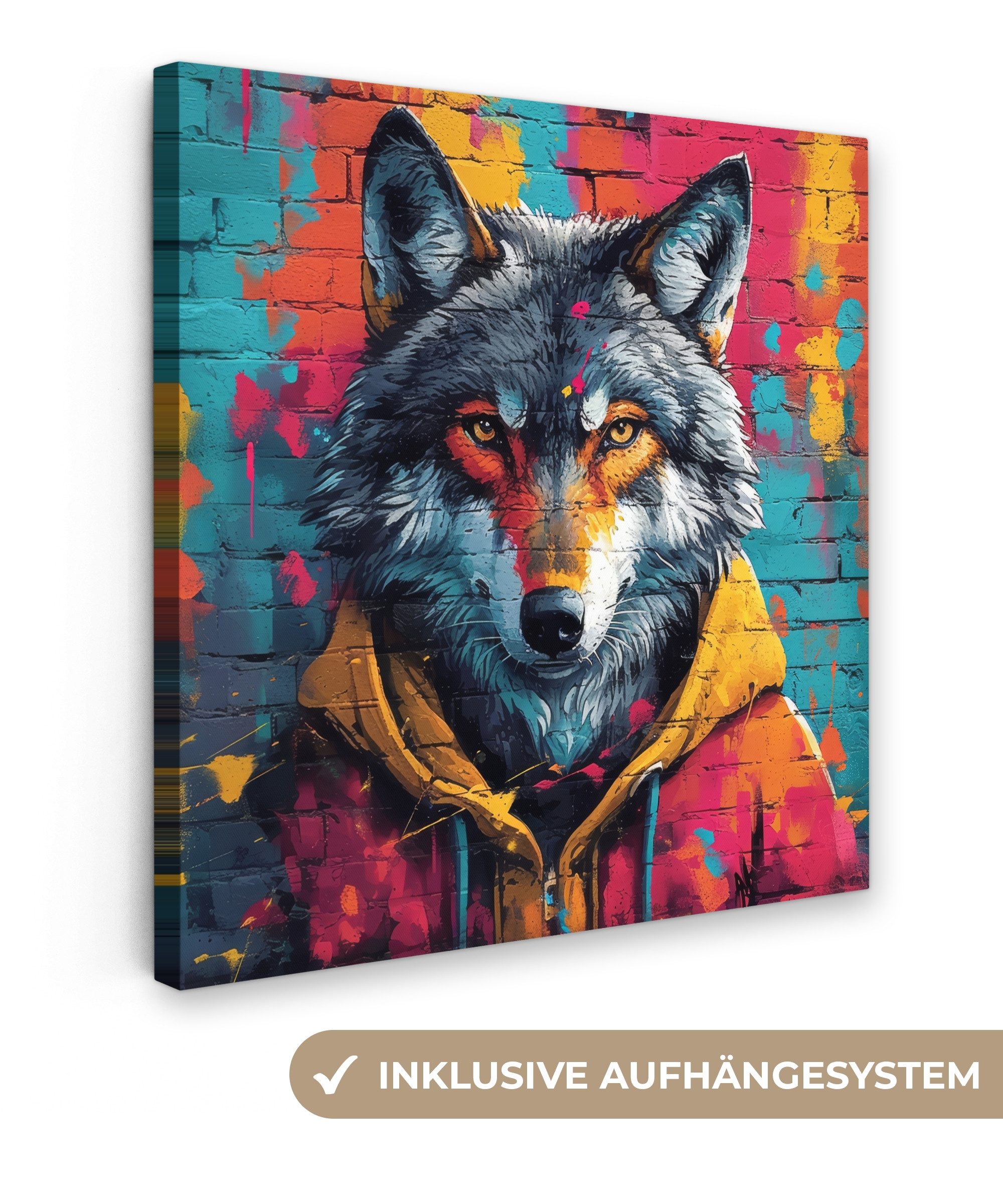 OneMillionCanvasses® Leinwandbild Graffiti - Wolf - Straßenkunst - Blau, Fotodruck (1 St), Wandbild, Deko Schlafzimmer Wohnzimmer Flur 20x20 cm