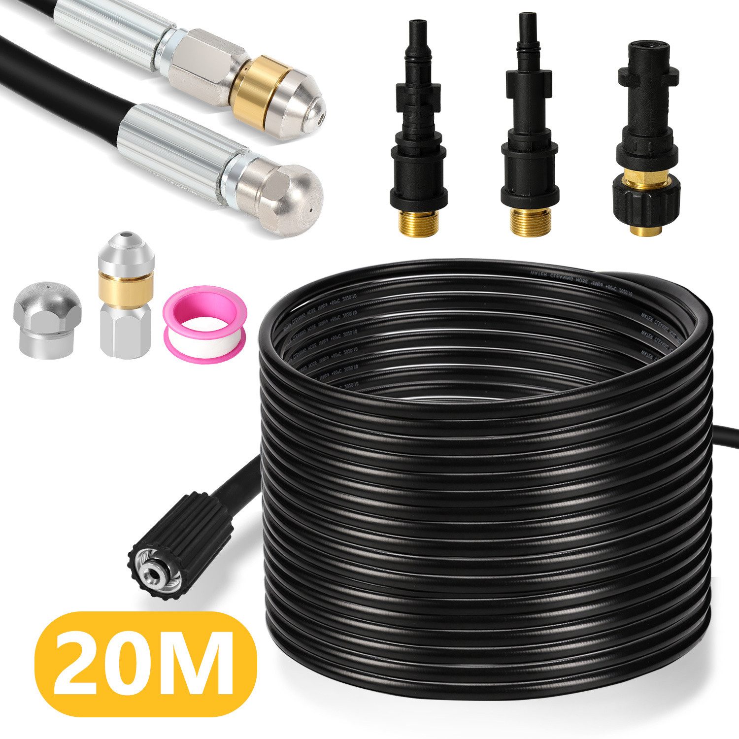 Clanmacy Hochdruckschlauch Rohrreinigungsschlauch,20m,160 bar,mit Adapter,Düsen starr+rotierend