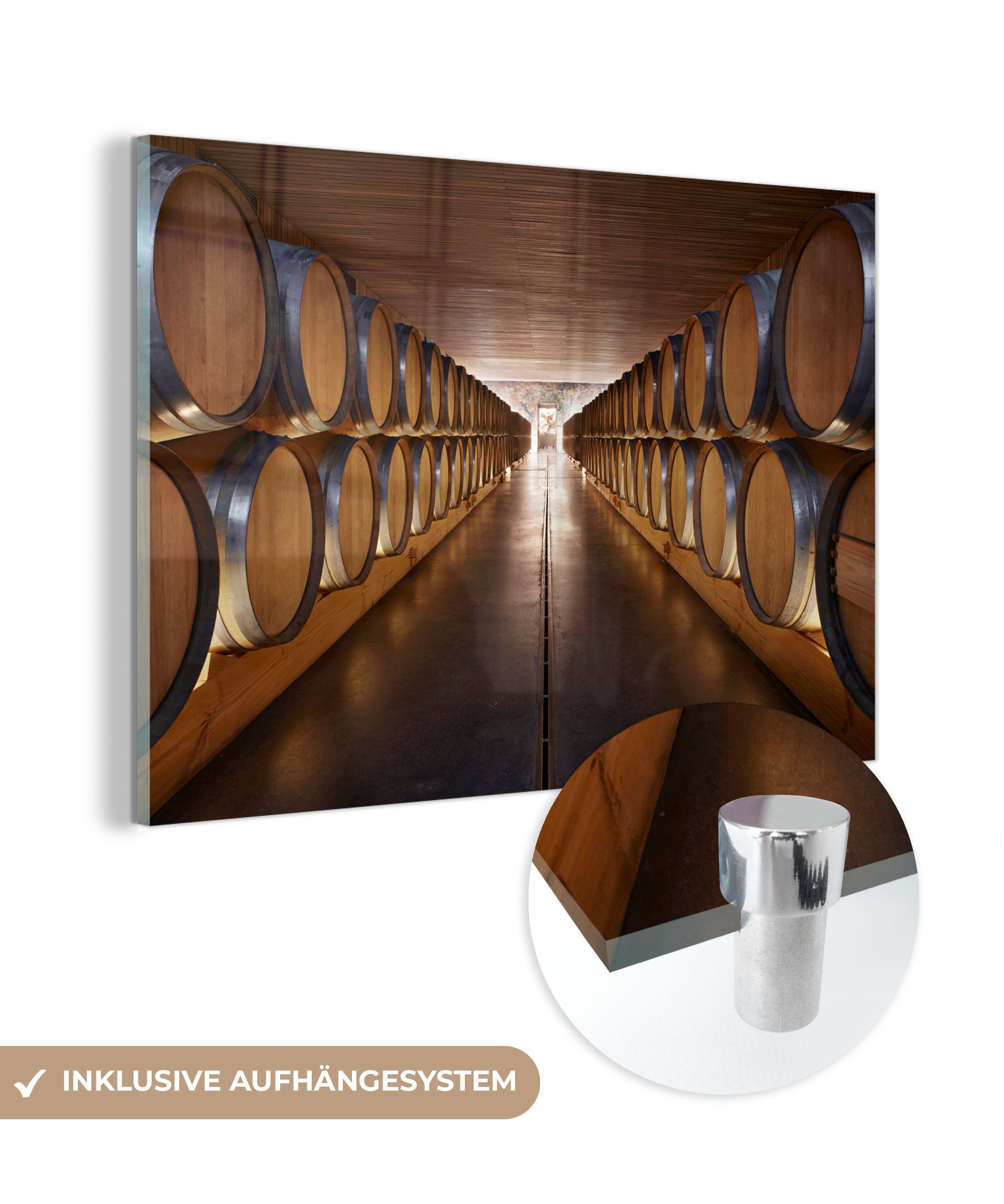 MuchoWow Acrylglasbild Blick auf eine lange Reihe von Weinfässern in einem Weinkeller im, (1 St), Acrylglasbilder Wohnzimmer & Schlafzimmer