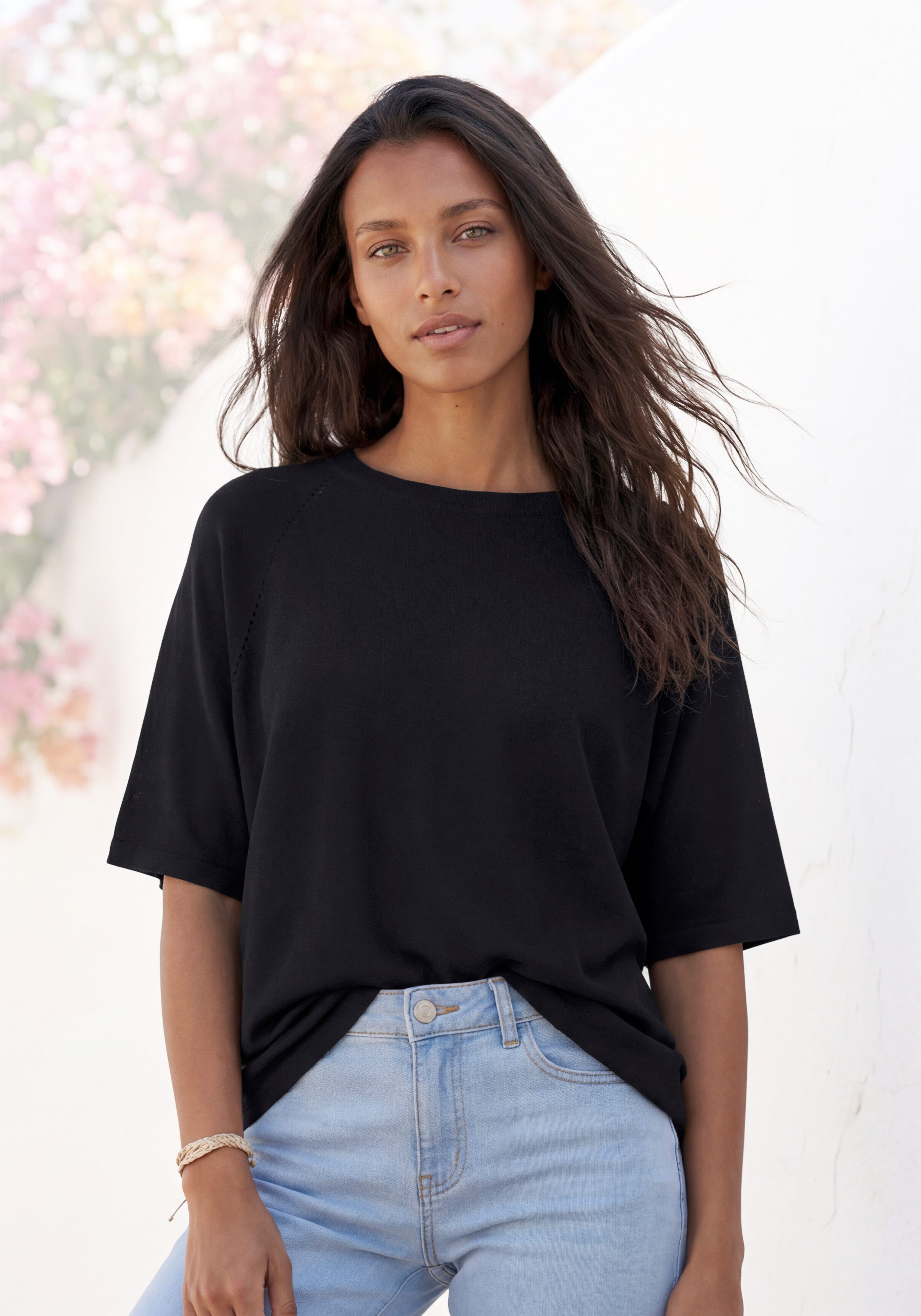 Vivance Kurzarmshirt mit Lochstrickmuster aus weichem Viskose-Strick