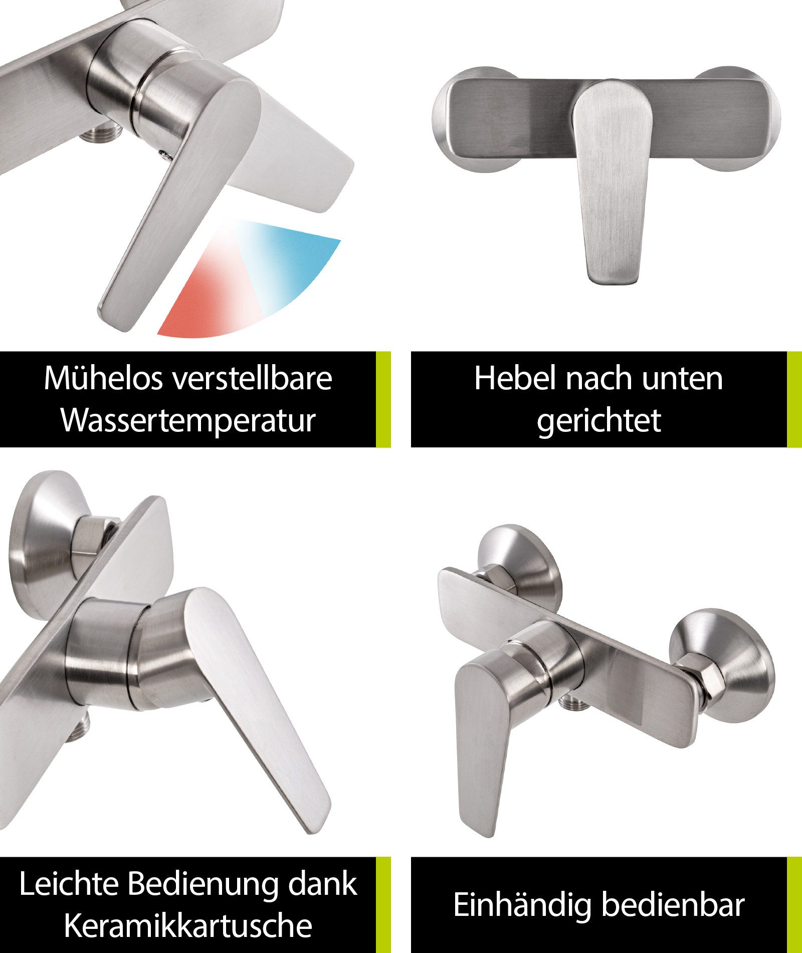 aquaSu Duscharmatur Rios Edelstahl, Keramikkartusche, Brauseabgang unten