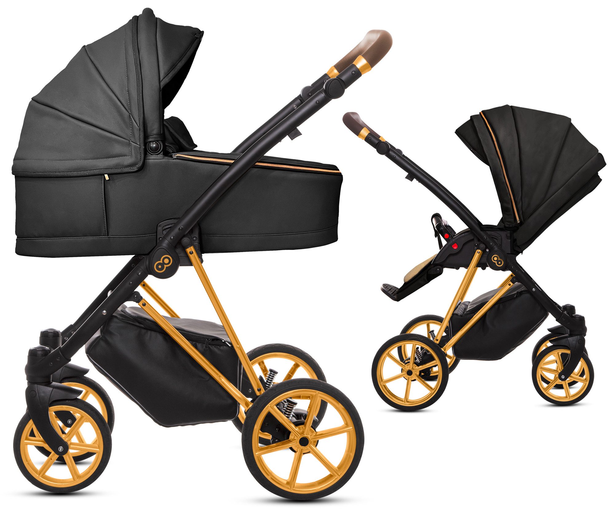 TPFFamily Kombi-Kinderwagen 2in1 Musse Royal, Baby Buggy Babywanne 5-Punkt-Sicherheitsgurt, Zubehör-Set Kinderwagen 2 in 1 Kunstleder Schwarz, Gestell Gold