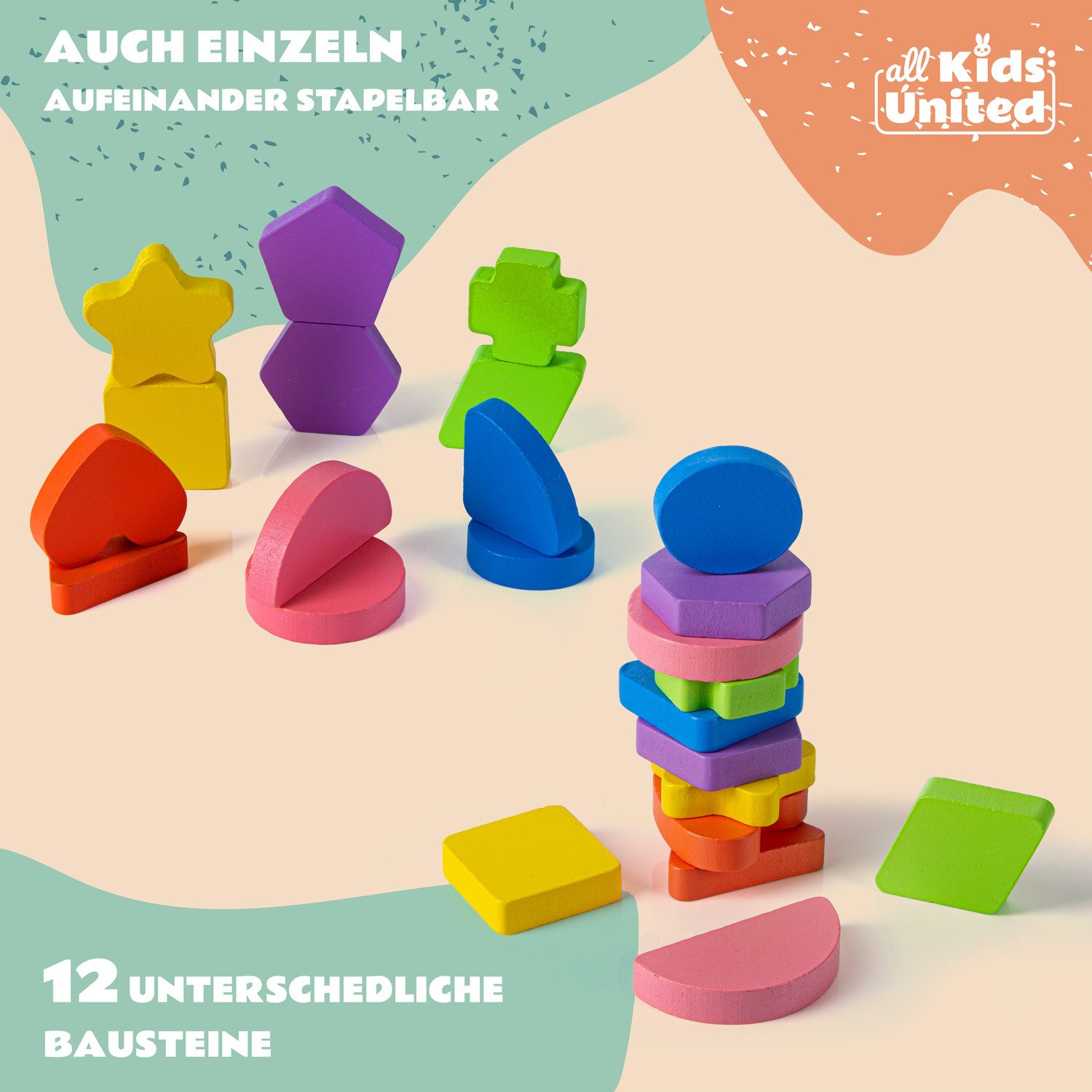 all Kids United Steckspielzeug Steckspielzeug Holz – 13-tlg. Lernwürfel Puzzlebox für Kleinkinder, (Holz-Würfel, 12-tlg), Puzzle Steckbox für Kleinkinder