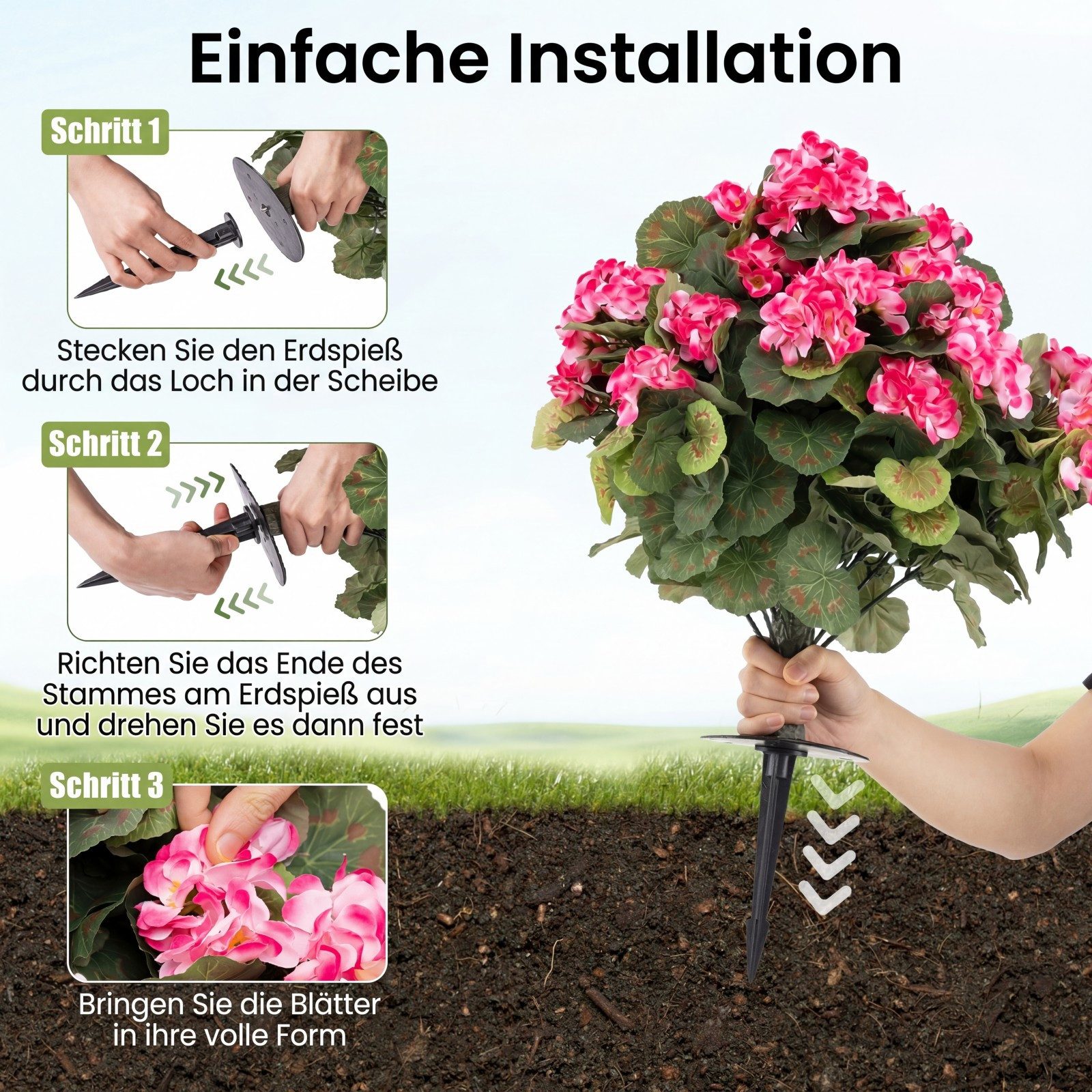 Kunstpflanze Geranien, COSTWAY, Höhe 33 cm, Mit realistischer PE-Stamm & Aluminiumlegierung-Erdspieß