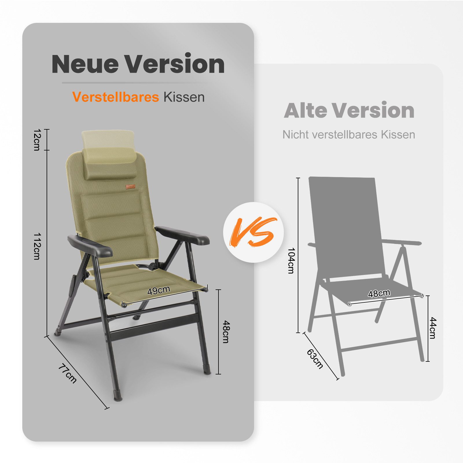 HOMECALL Klappstuhl Hochlehner Campingstuhl Gartenstuhl Gepolstert Faltstuhl Balkonstuhl (150 KG Belastbar Erstellbare Kopfstutze Anglerstuhl,Groß und Hoch, 1 St), mit 7-Fach Verstellbare lehne, für Camp Garten Balkon