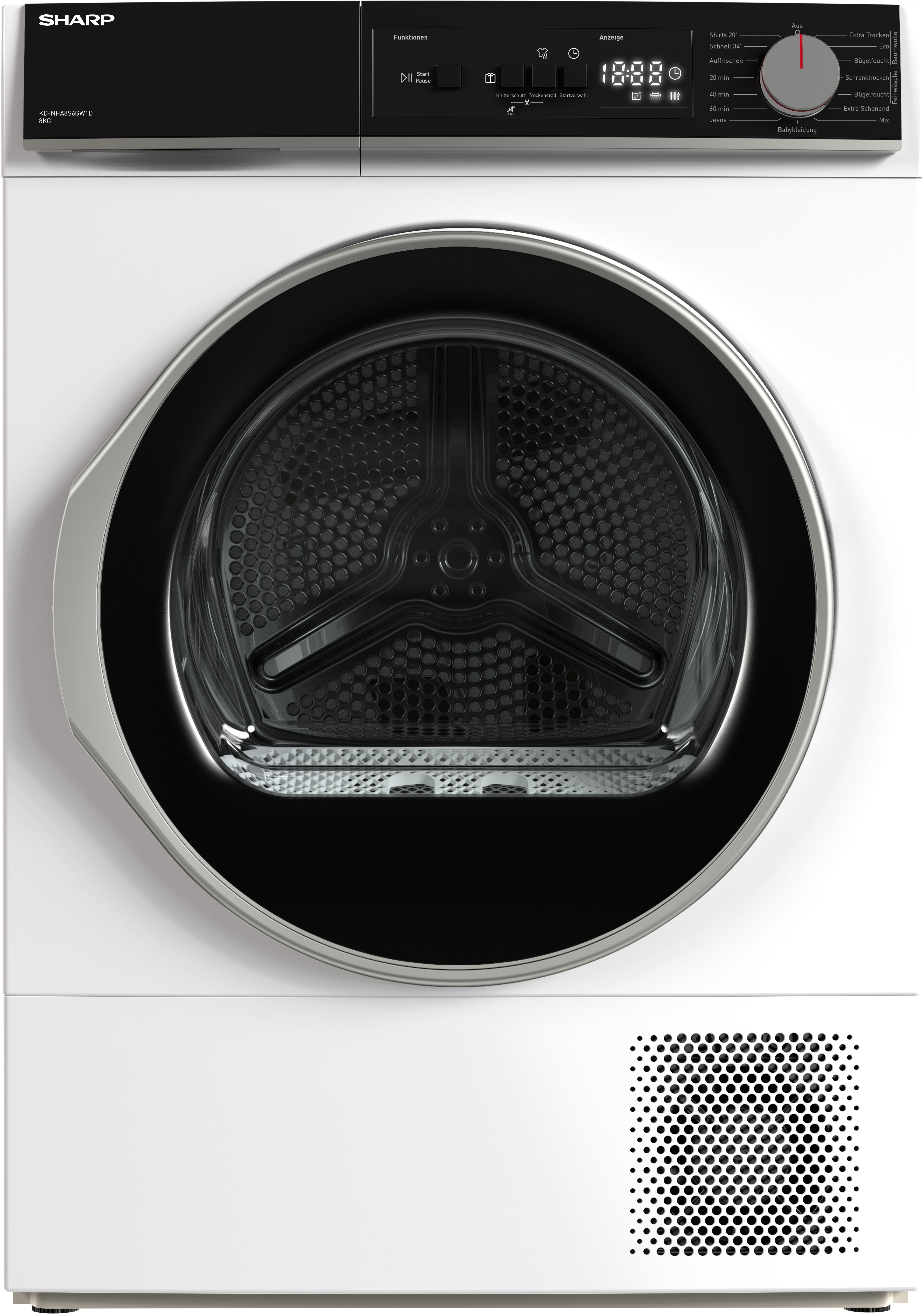 Sharp Wärmepumpentrockner Budget Class KD-NHA8S6GW1D-DE, 8kg / EEK D / 3 Tasten / XL-Glas-Tür / Weiß