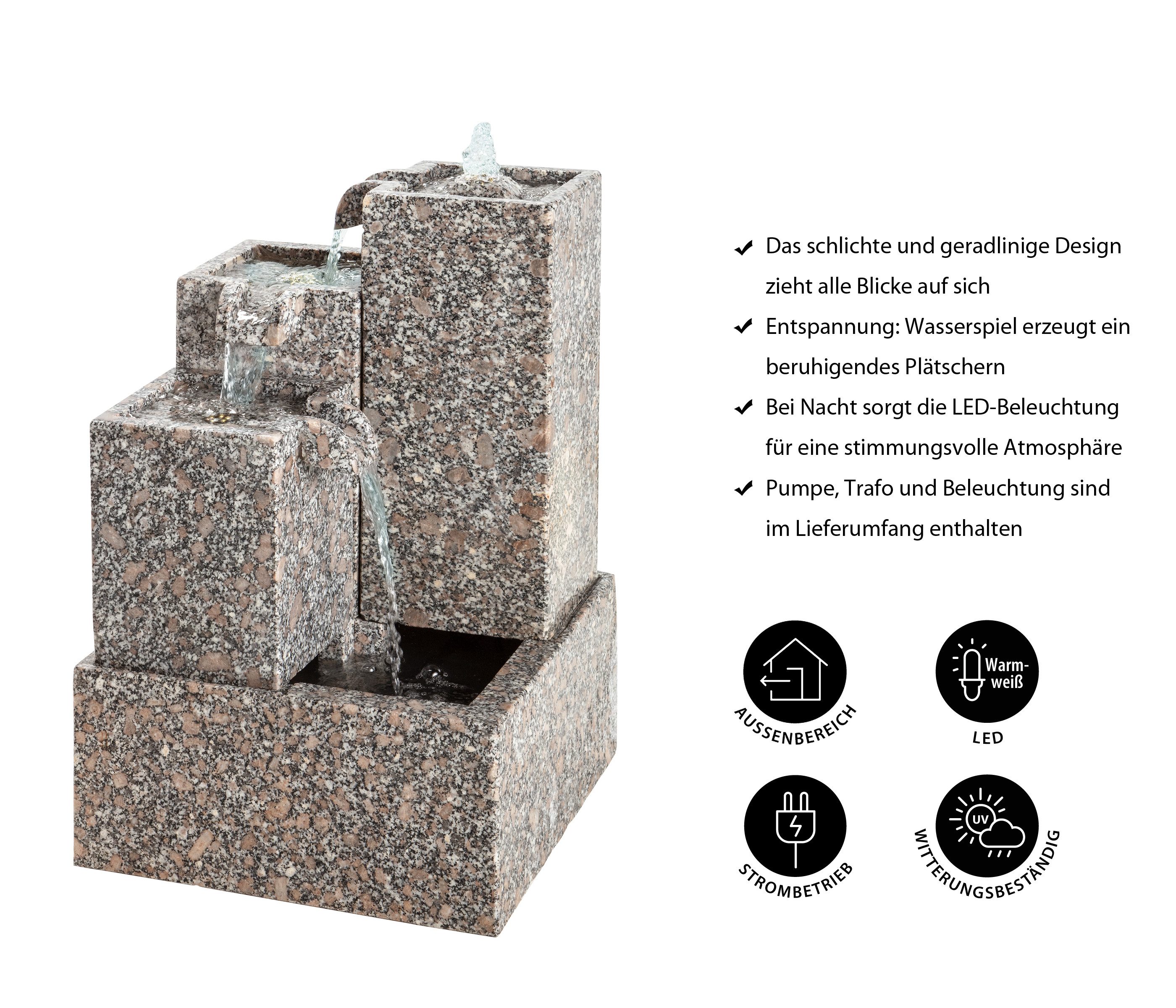 Dehner Gartenbrunnen Cascada mit LED, 65 x 43 x 43 cm, Granit, 43 cm Breite, modernes Wasserspiel aus Granit inkl. Pumpe, Trafo und LED-Beleuchtung