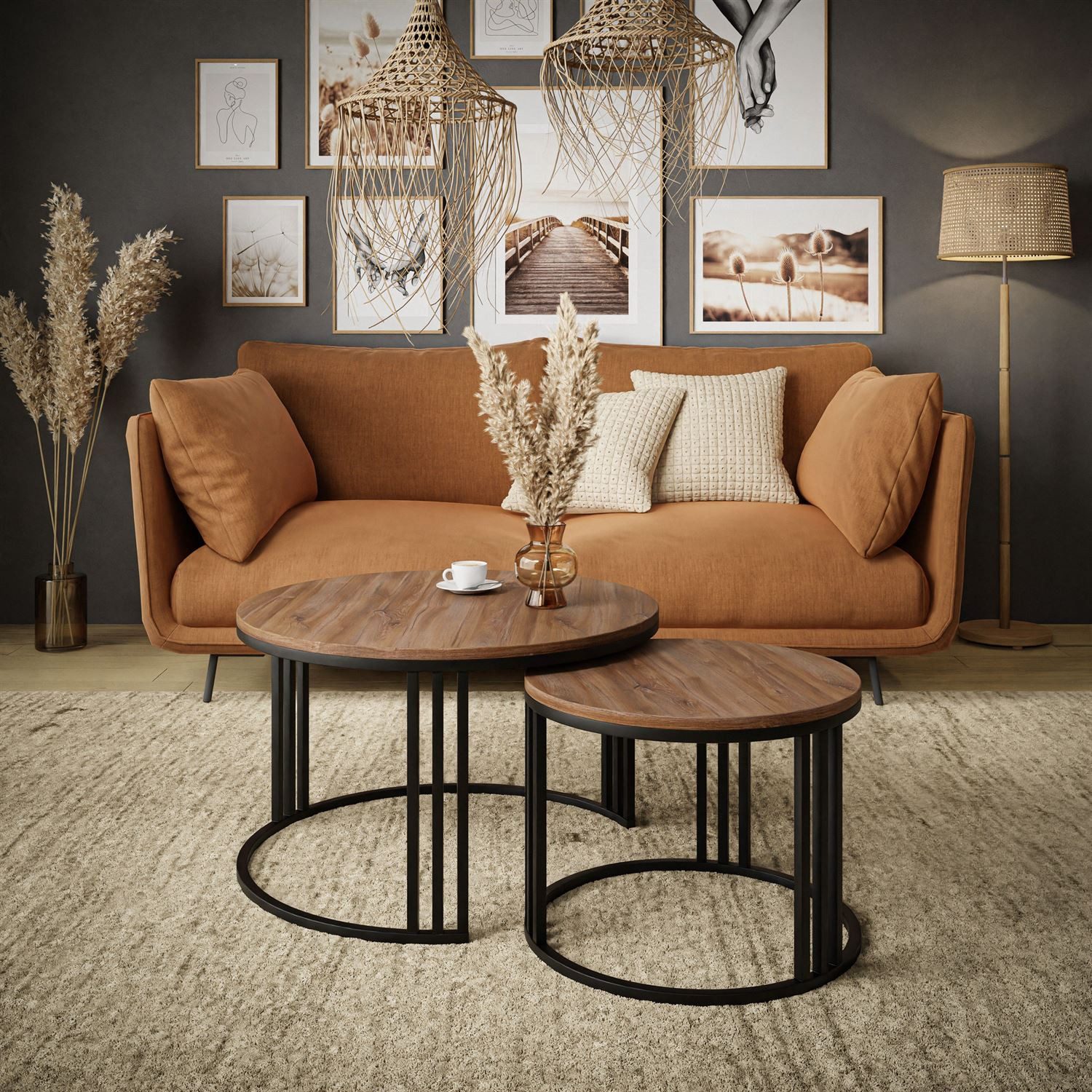 Lookway Couchtisch LORI LOFT 2in1 mit Tischplatte in Eiche-Dekor (2er Set), Durchmesser: ⌀70 cm und ⌀50 cm, Höhe: 48 cm und 42 cm – Bild 2 von 4