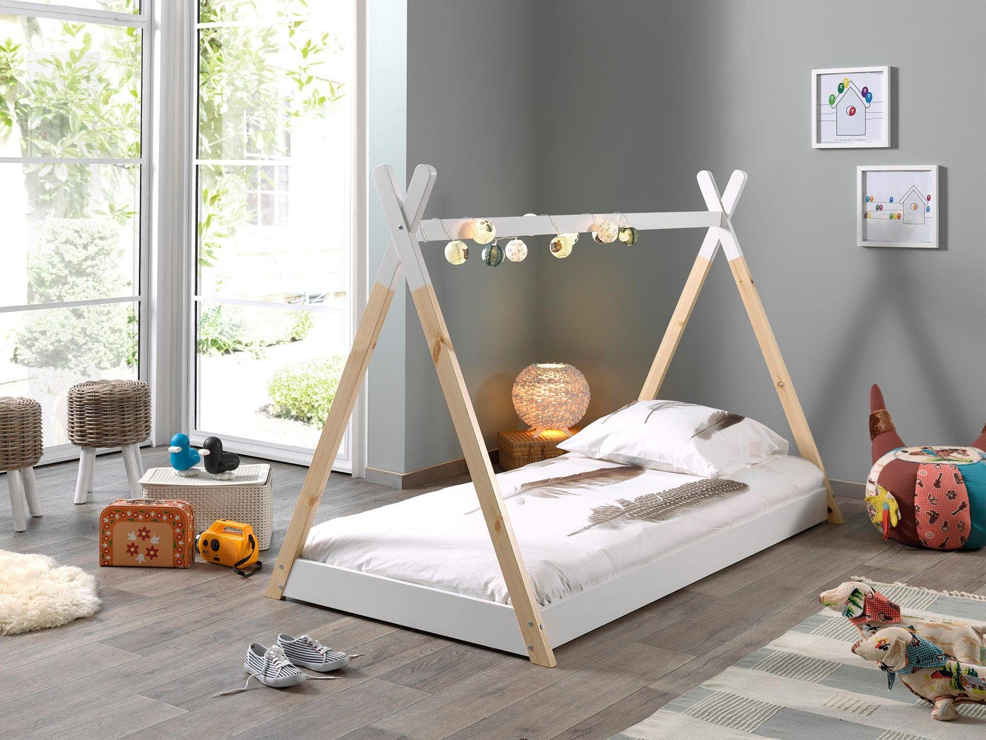 Vipack Kinderbett Tipi, mit Querstange in Zelt-Optik, Kiefer massiv (inkl. Lattenrost, Bettrahmen in Weiß, 2 Größen zur Auswahl), Bodenfreiheit 1,5 cm für bessere Belüftung