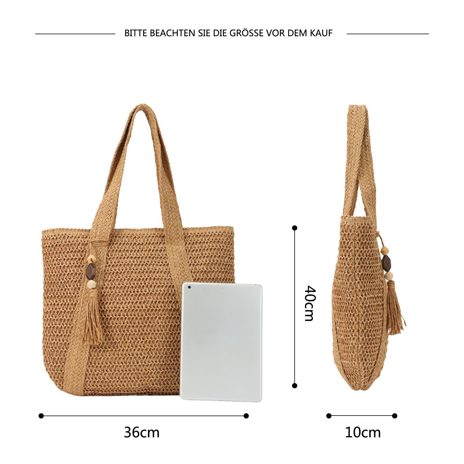 Zaewry Strandtasche Damen, Große Handtasche Damen, Leichte Schultertasche Boho, Shopper Tasche, Sommer Tasche Geflochten, Einkaufstasche Beach Bag