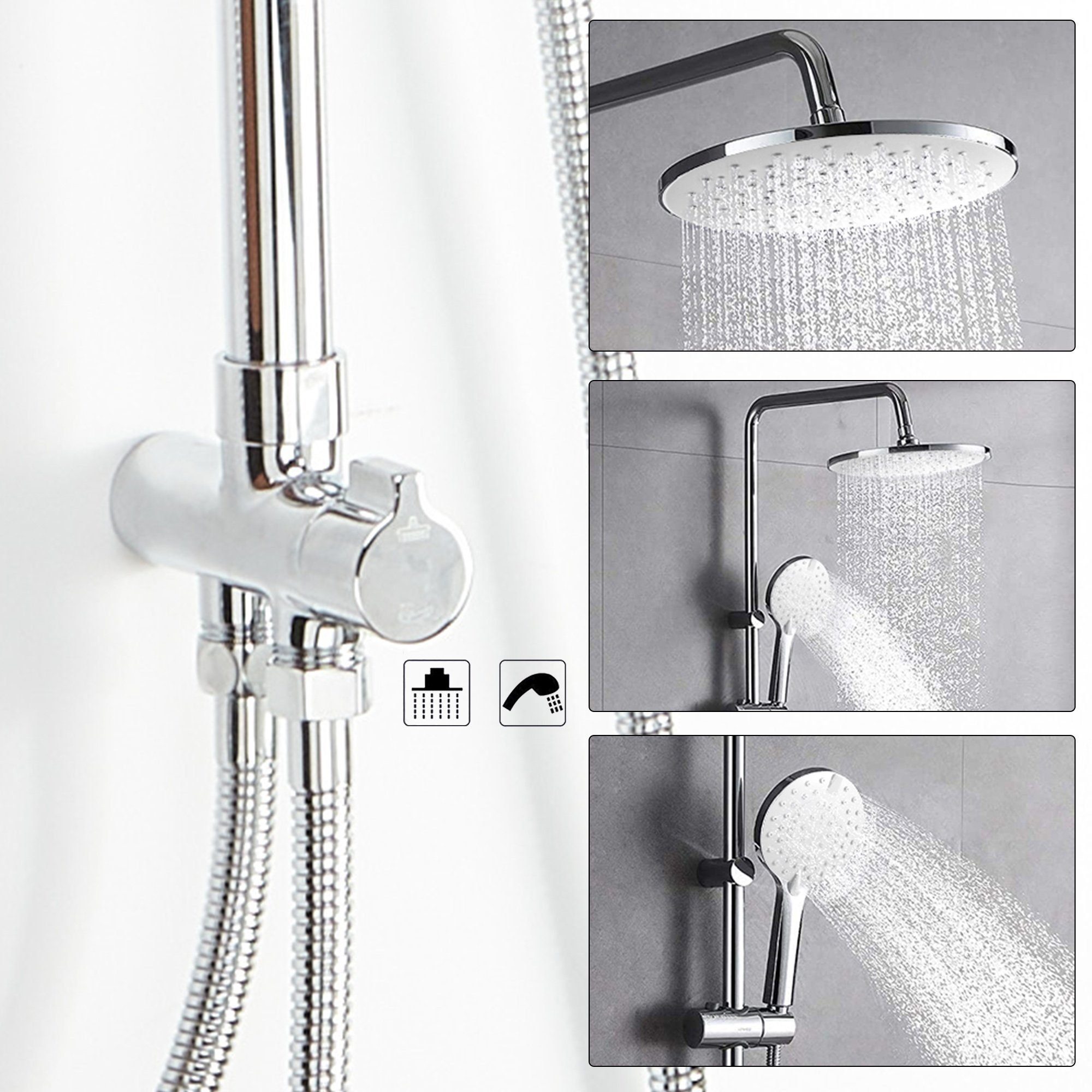 XIIW Duschsystem Duschsystem Regendusche Duscharmatur ohne armatur Duschset inkl. Duschkopf 3 Funktion Handbrause mit Duschstange Höhenverstellbar,Umstellung Dusche Messing für Boiler, 3 Strahlart(en)