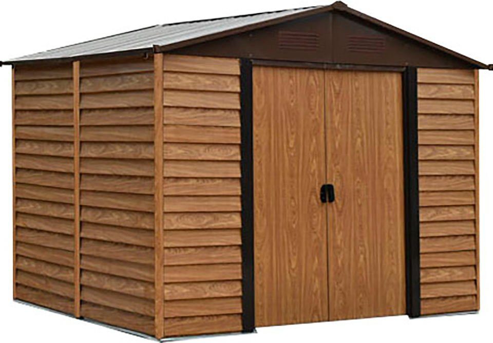 Pergart Gerätehaus Frankfurt II 1112, BxT: 309x352 cm, Metall, mit Satteldach und integrierter Schiebetür im Blockhausstil