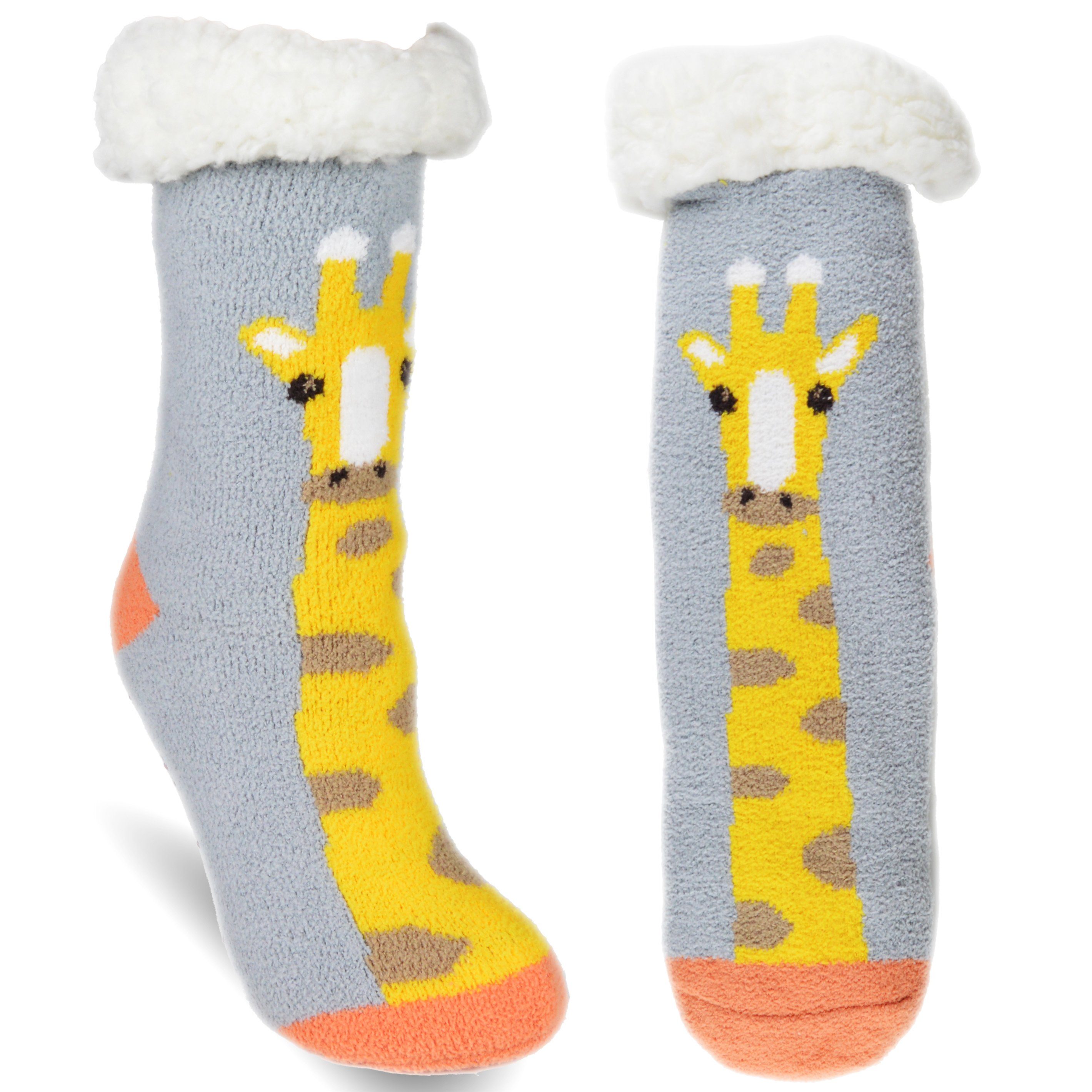Innenfutter, Hüttensocken - Socken ABS-Sohle, Haussocken Grau Frostfighter Giraffe Paar) (1 Kuschelsocken,