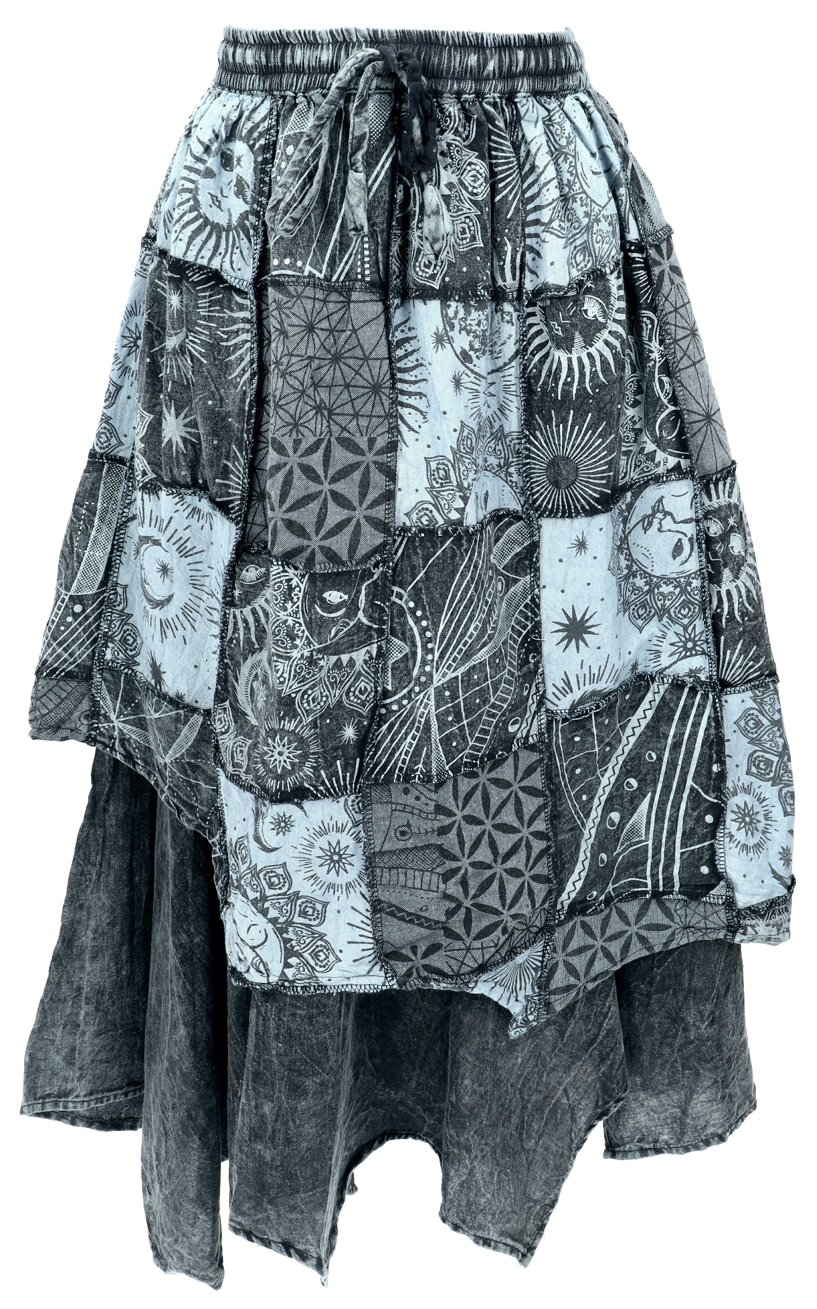 Minirock Langer Boho Lagenrock, stonewash Patchwork..