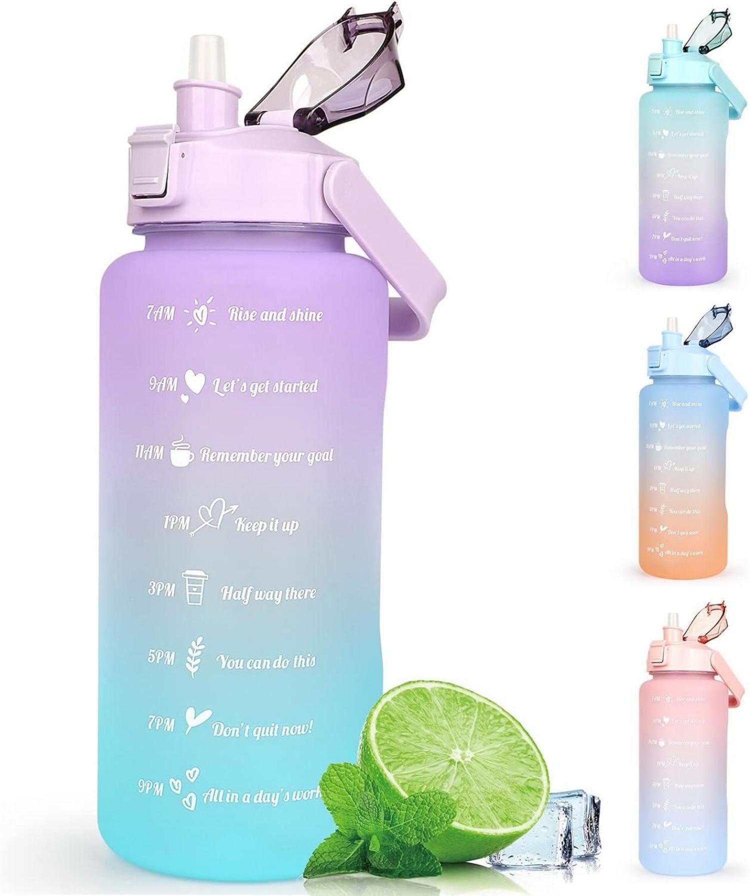 Becher 2L Trinkflasche BPA Free mit Zeitmarkierung & Strohhalm lila
