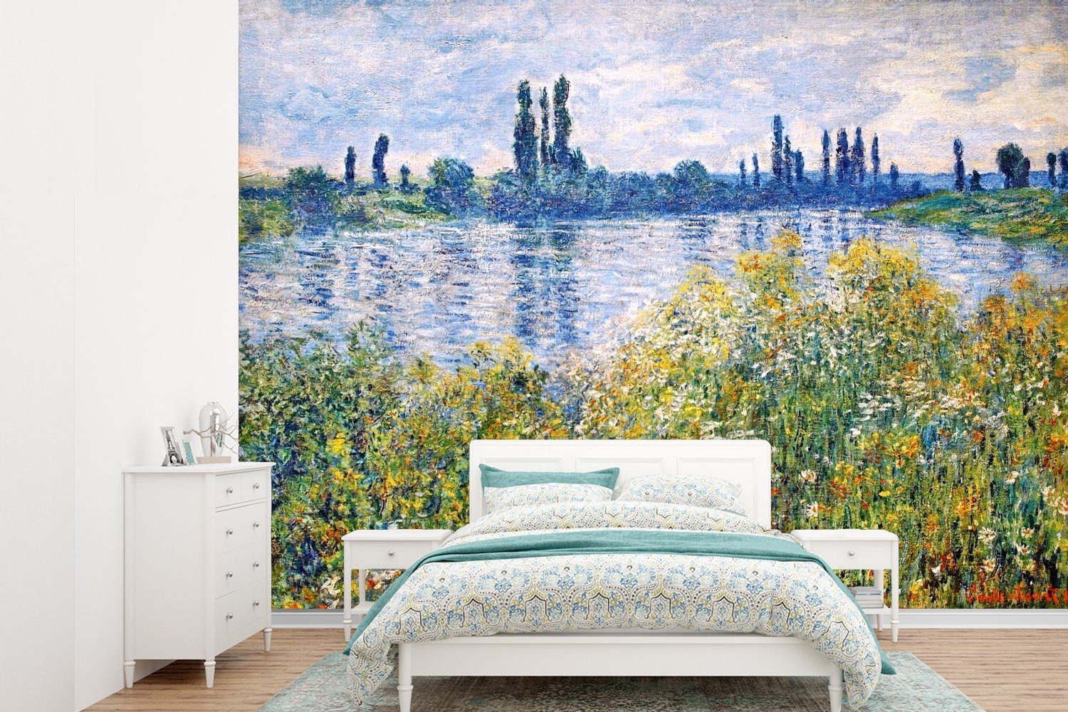 MuchoWow Fototapete Blumen am Ufer der Seine, in der Nähe von Vetheuil - Gemälde von, Matt, bedruckt, (6 St), Montagefertig Vinyl Tapete für Wohnzimmer, Wandtapete