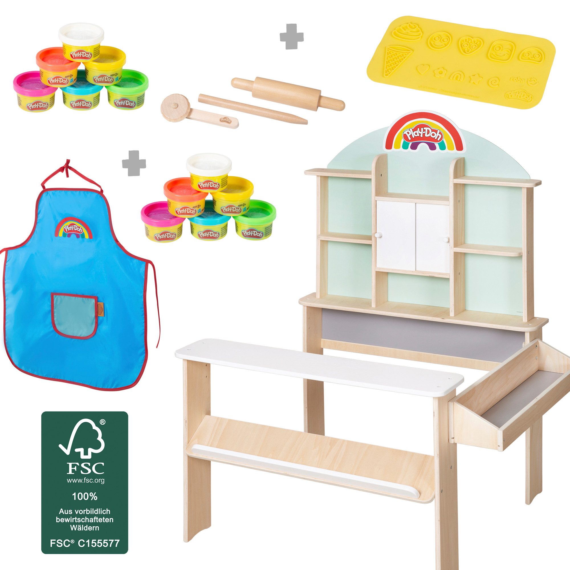 roba® Kaufladen roba x Play-Doh für Kinder - Verkaufsstand mit Knete (Komplett-Spielset, 12 x Dosen Knete, 3D-Kreativmatte, Modellierwerkzeug, Schürze), Spielset aus FSC Holz - Pädagogisch wertvoll - Ab 3 Jahren