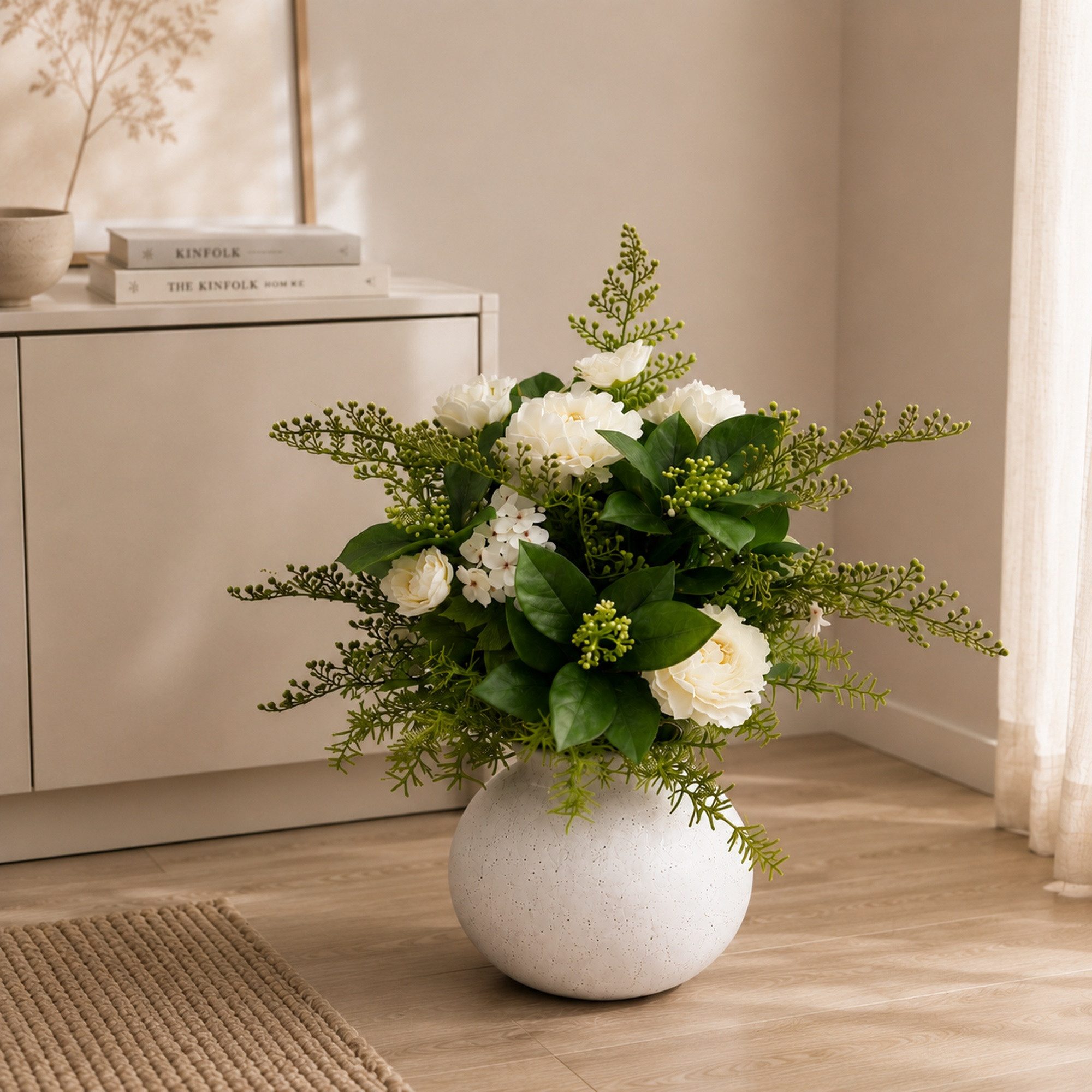 Kunstpflanze Blumengesteck Kunstblume weiß mit Vase künstlich, UNUS HOME, Höhe 63 cm, Kunstblume, Kunstpflanze, weiß – Bild 2 von 5