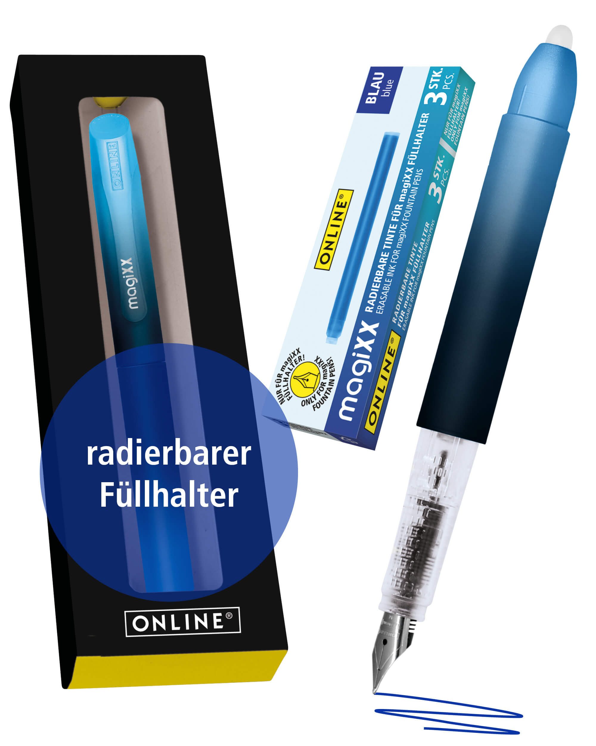 Online Pen Füller magiXX Radierbarer Füller, mit radierbarer, blauer Tinte, inkl. 4 magiXX Patronen, Vorteilspack