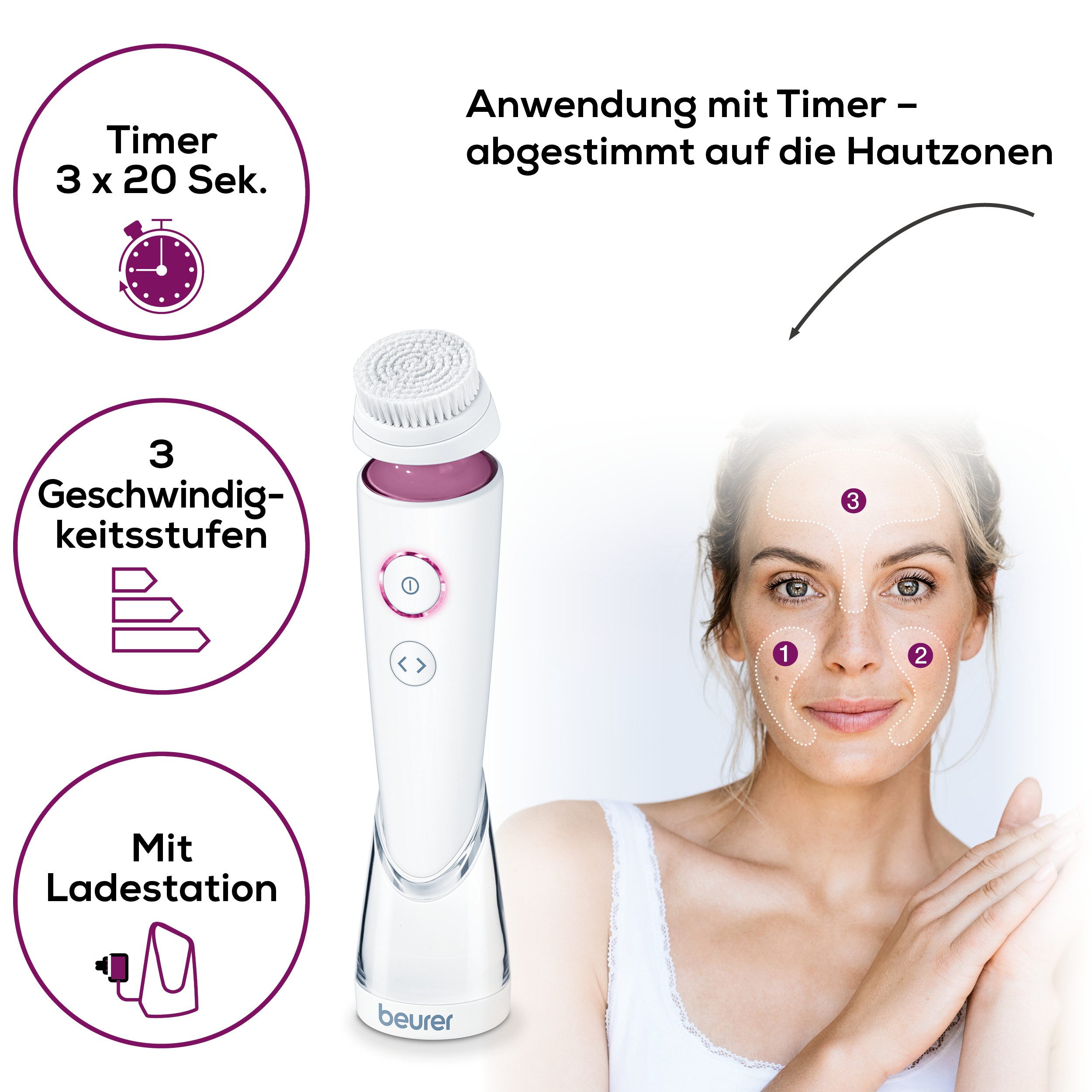 BEURER Elektrische Gesichtsreinigungsbürste FC 95 für eine gründliche und sanfte Gesichtsreinigung, wasserfest, Mit 2 Intensitätsstufen und 4 Bürstenaufsätzen für jeden Hauttyp lila|weiß