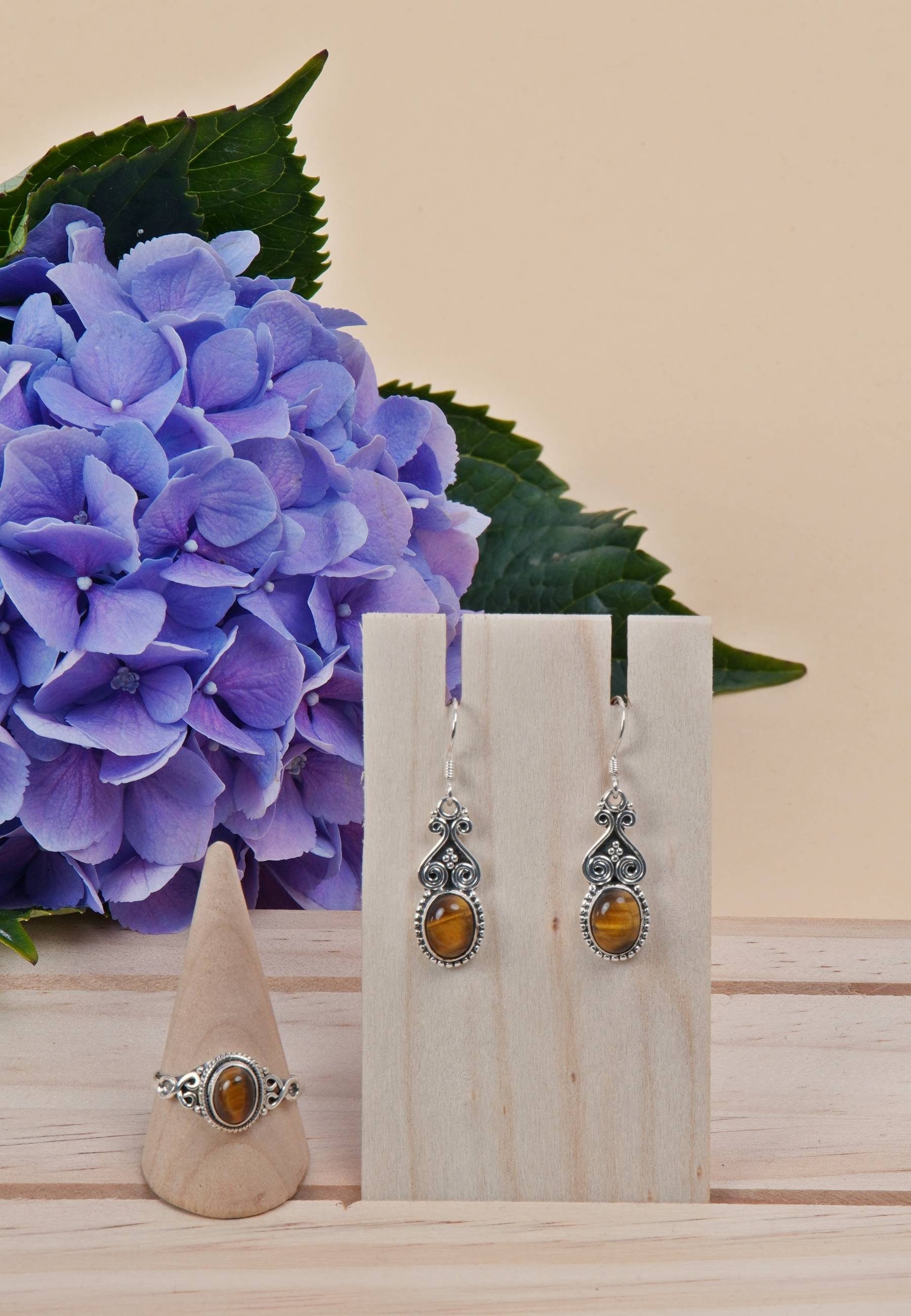 mantraroma Schmuckset 925er Silber mit Tigerauge (Schmuckset aus 925 Silber)