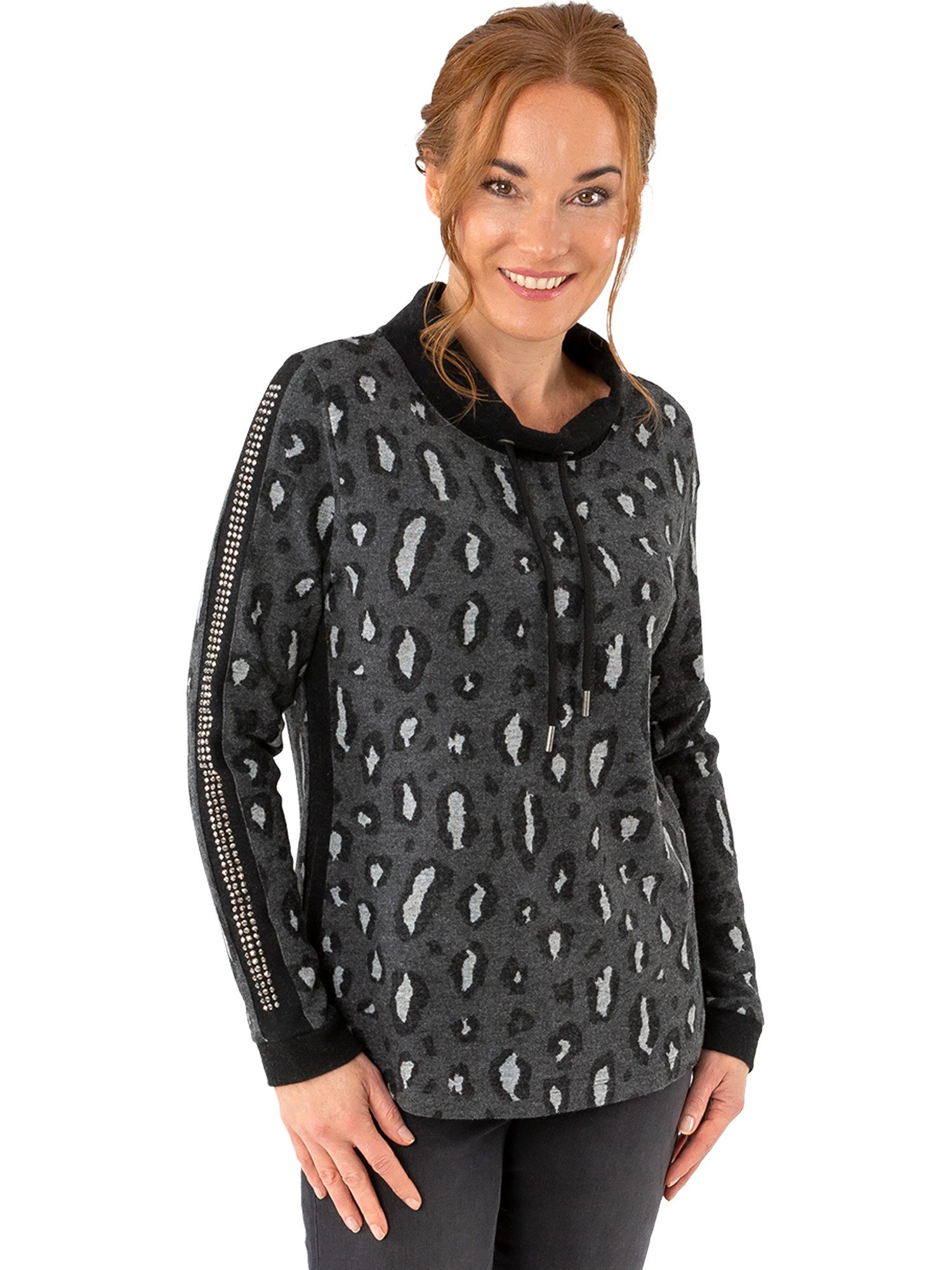 Estefania for woman Stehkragenpullover 196-7600, im Animal Look und Nieten abgerundeter Saum