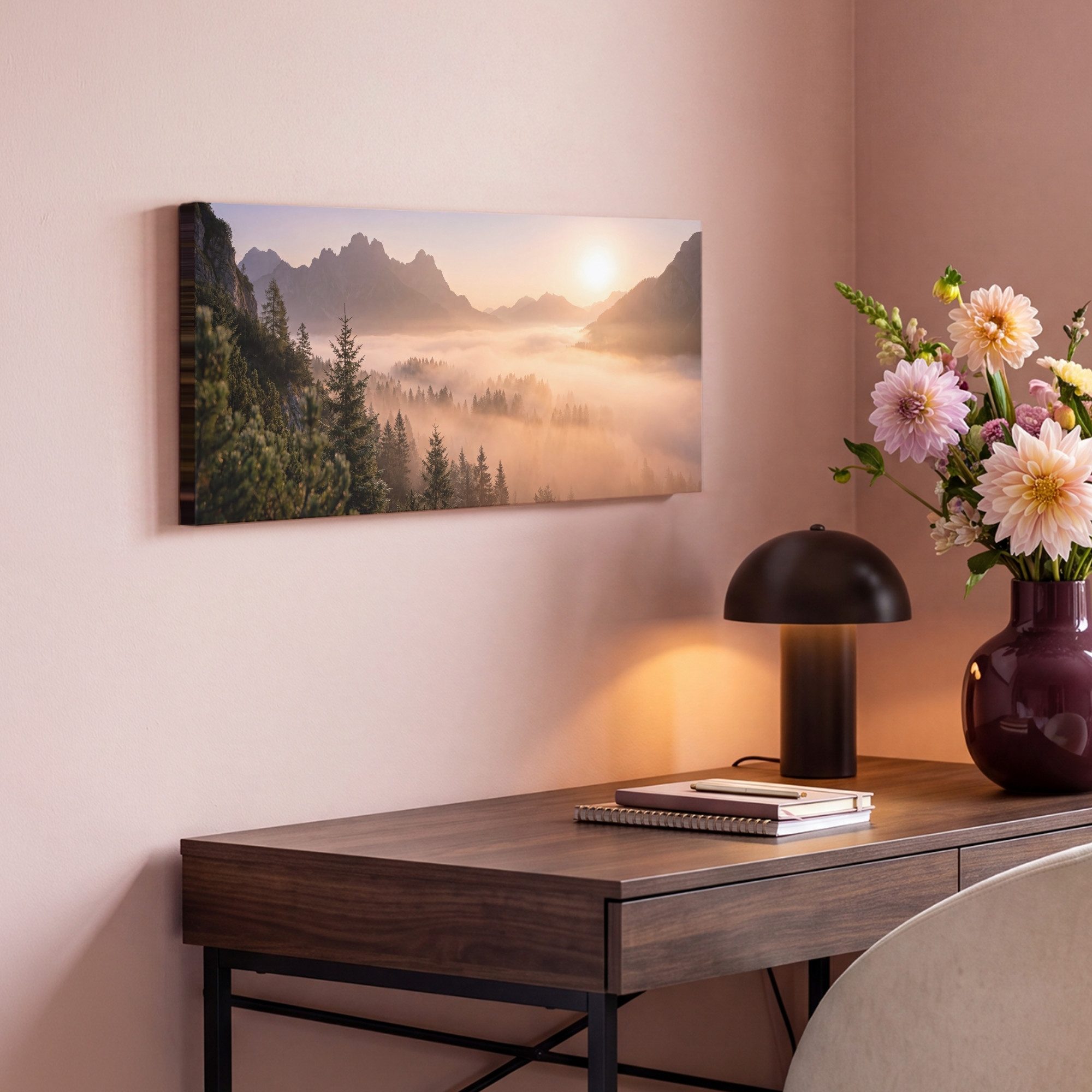 OneMillionCanvasses® Leinwandbild Panorama Sonnenlicht - Nebel - Berge - Bäume, Fotodruck (1 St), Wandbild, Deko Schlafzimmer Wohnzimmer Flur 40x20 cm – Bild 4 von 5