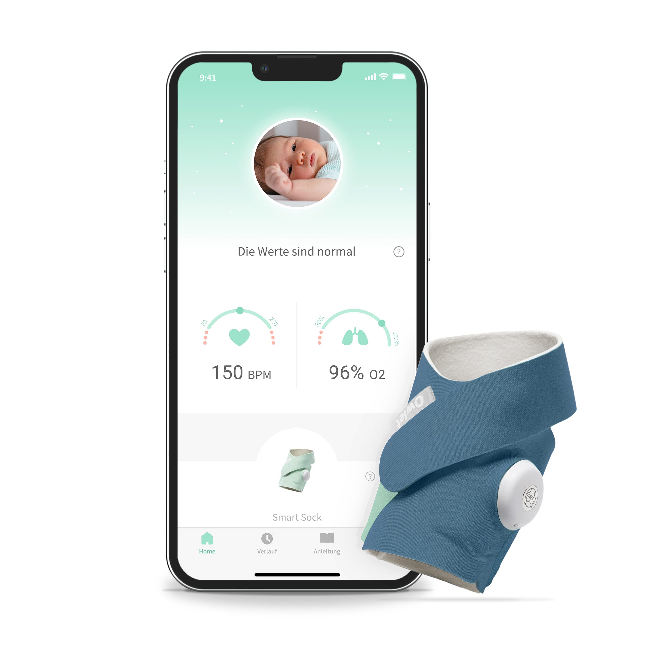 Babyphone, Smart - DE und Care Sock, Sock Baby Tiefseegrün 3 Owlet Smart Sauerstoffmessung Puls-