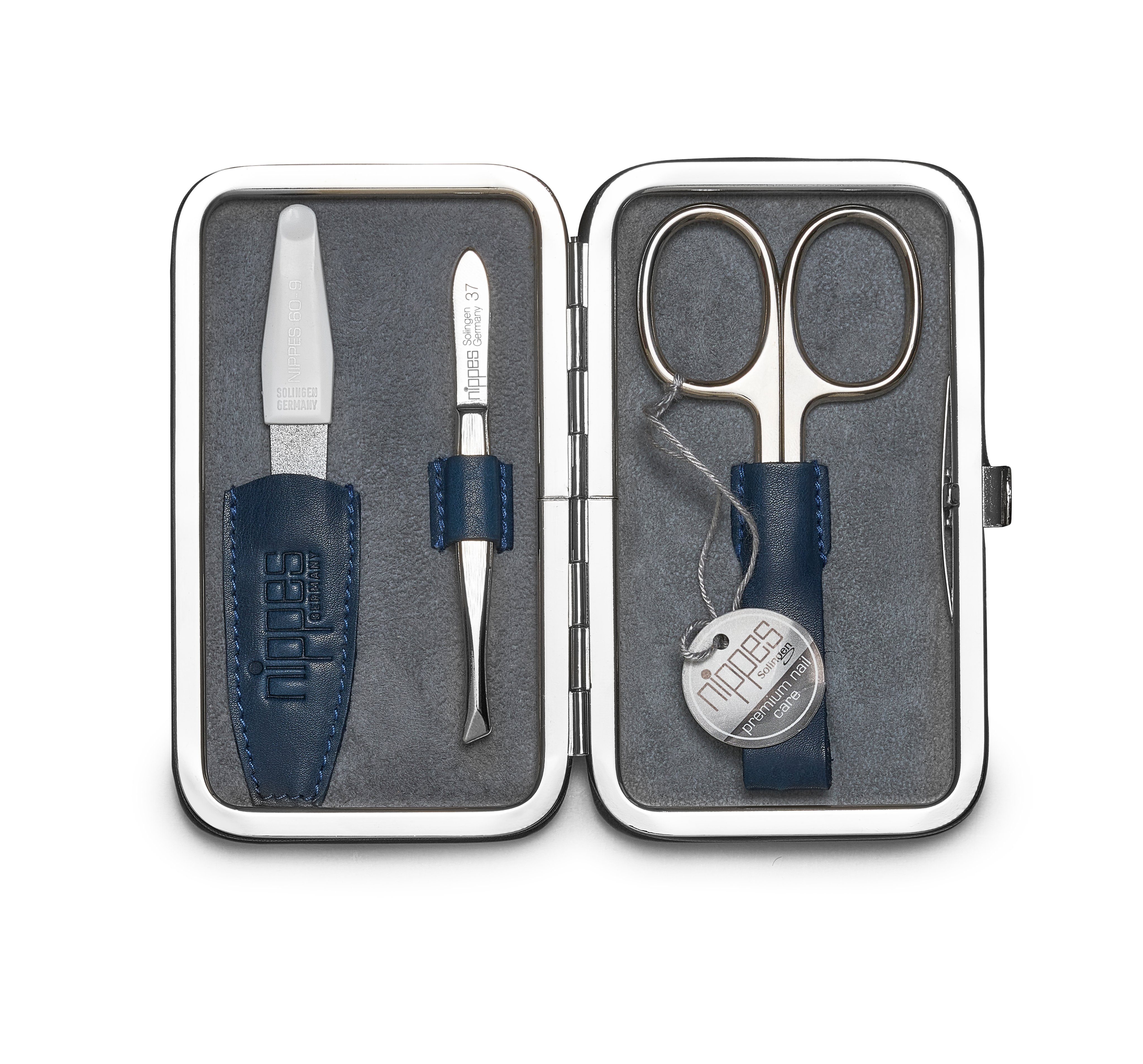 nippes Solingen Maniküre-Etui Maniküre Set Vintage, Rind- & Wildleder-Etui, Vernickelte Instrumente, 3 tlg., Außen und innen echtes Leder