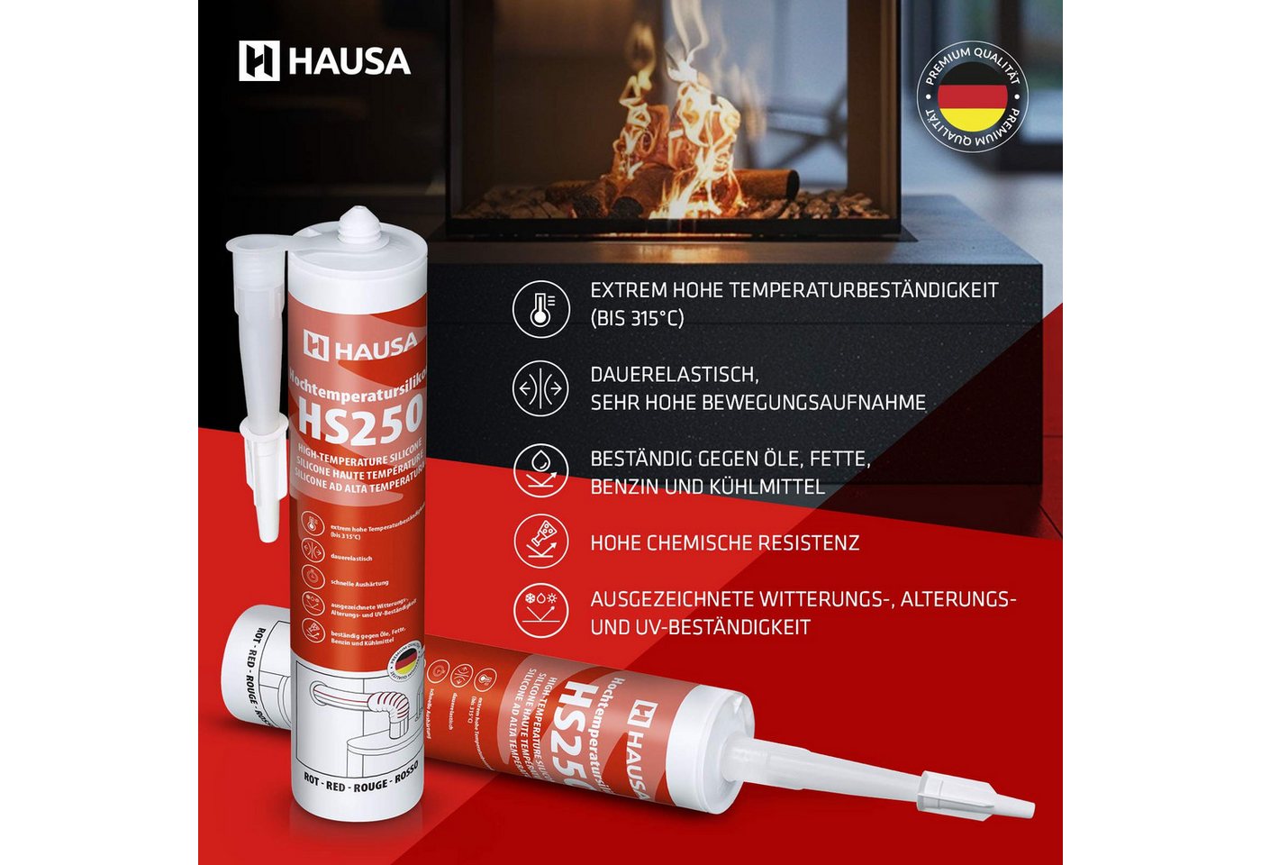 Thumbnail - Hausa Silikon Hochtemperatur Silikon HAUSA HS250 +315°C rot 4 x 300ml, Hochtemperatursilikon, (4-tlg), Hochtemperatursil...