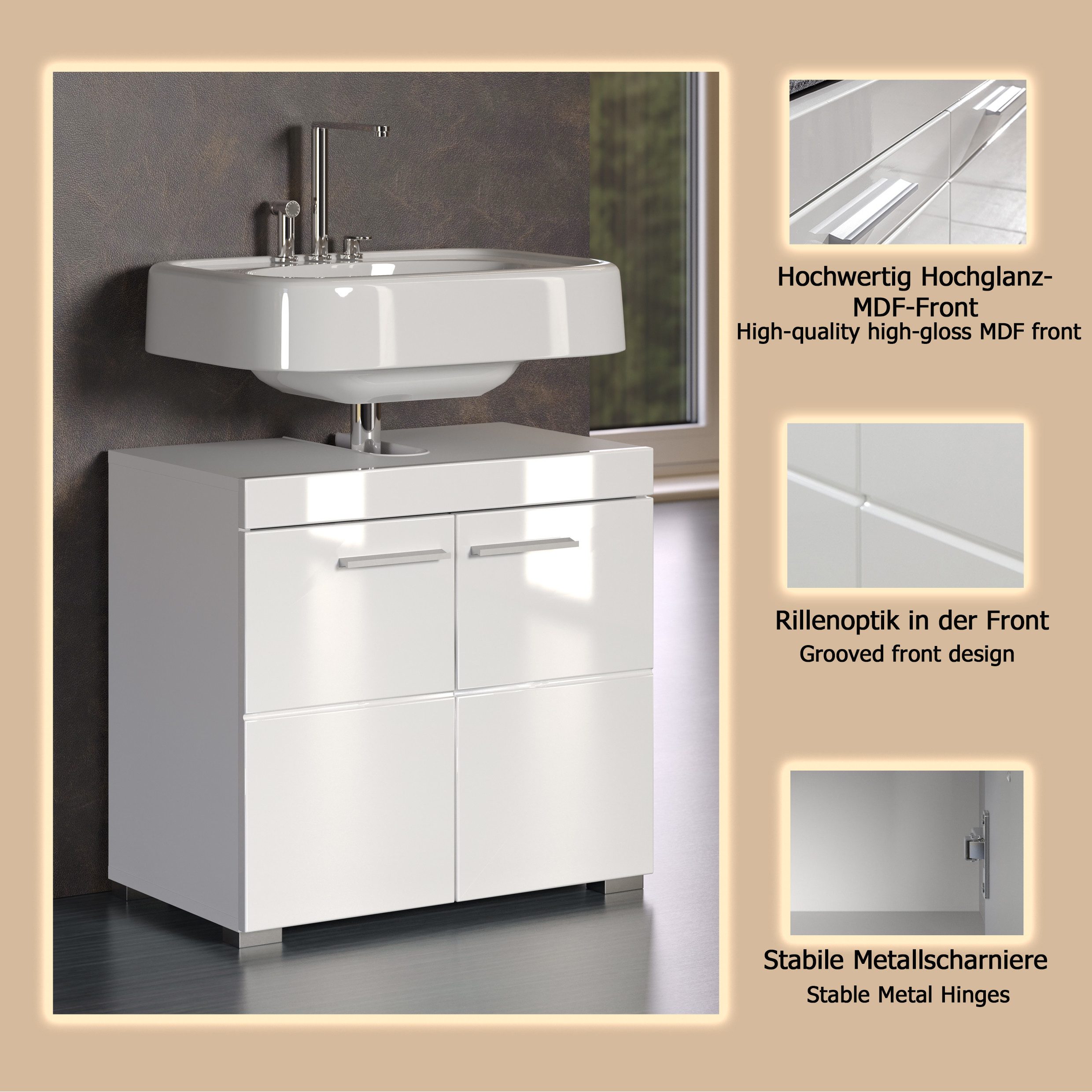 welltime Waschbeckenunterschrank Avena Waschtisch 2türig- Aussparung 26/8 cm - (B/T/H) 60/34/56 cm