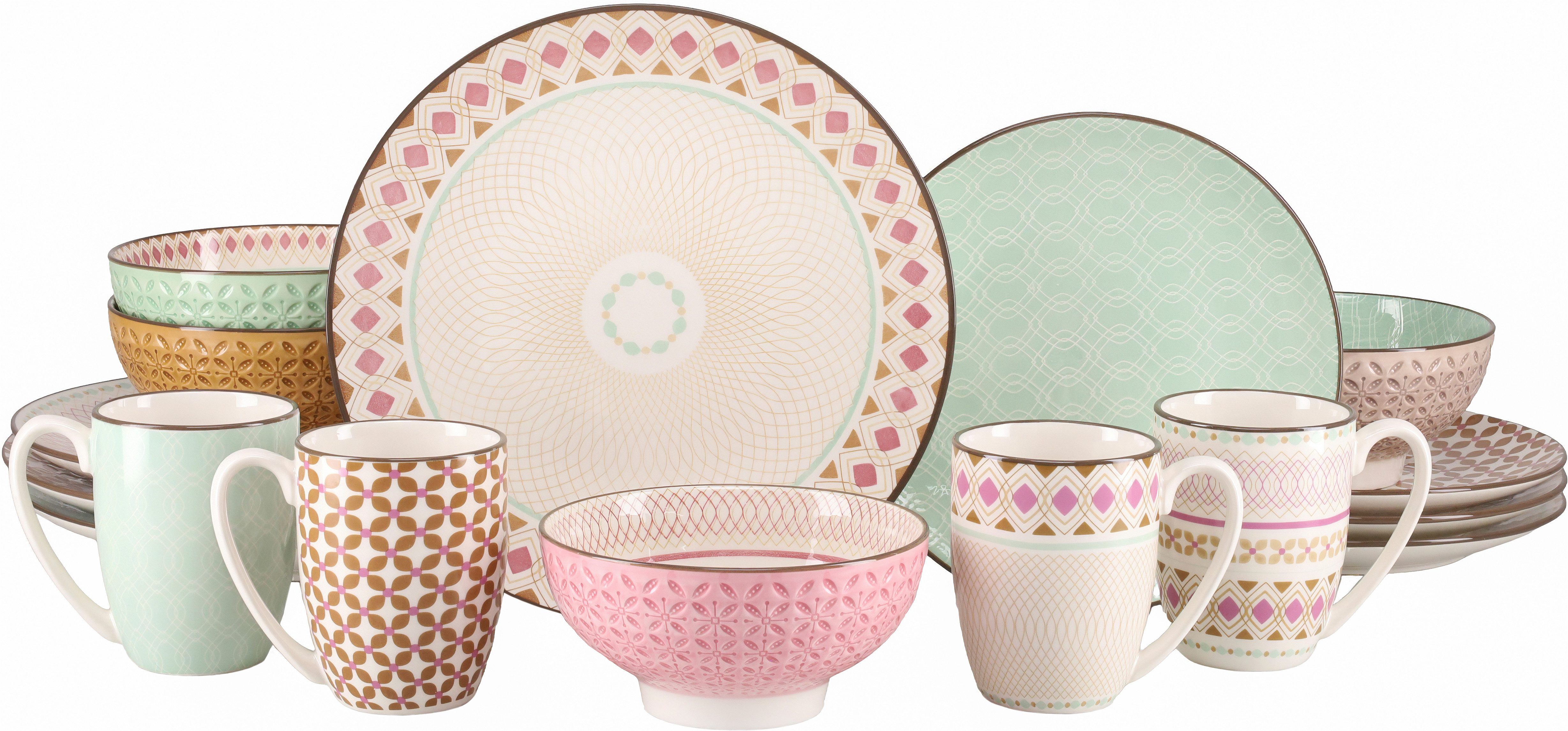 CreaTable Kombiservice Geschirr-Set Mandala (16-tlg), 4 Personen, Steinzeug, Service, 4 Designs, 16 Teile, für 4 Personen