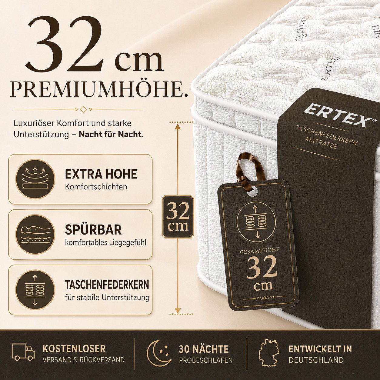Taschenfederkernmatratze 7 Zonen Hypoallergen &Orthopädisch Matratze Premium,Ertex 32 cm hoch, Ertex, 32 cm hoch – Bild 5 von 5