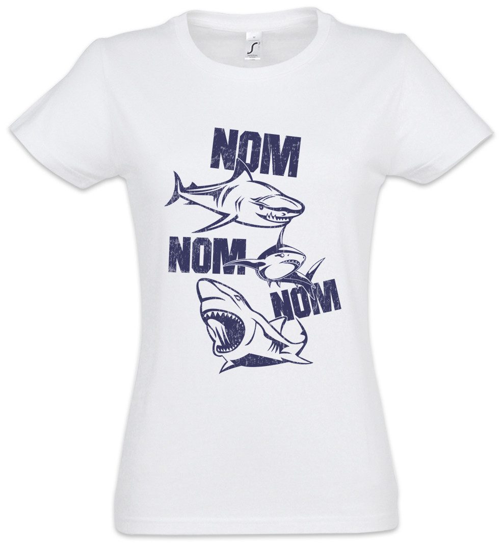 Urban Backwoods Print-Shirt Sharks Nom Damen T-Shirt Hai Shark Jaws Haifisch Nom Taucher Hunger (1-tlg) Great White Diver Angler