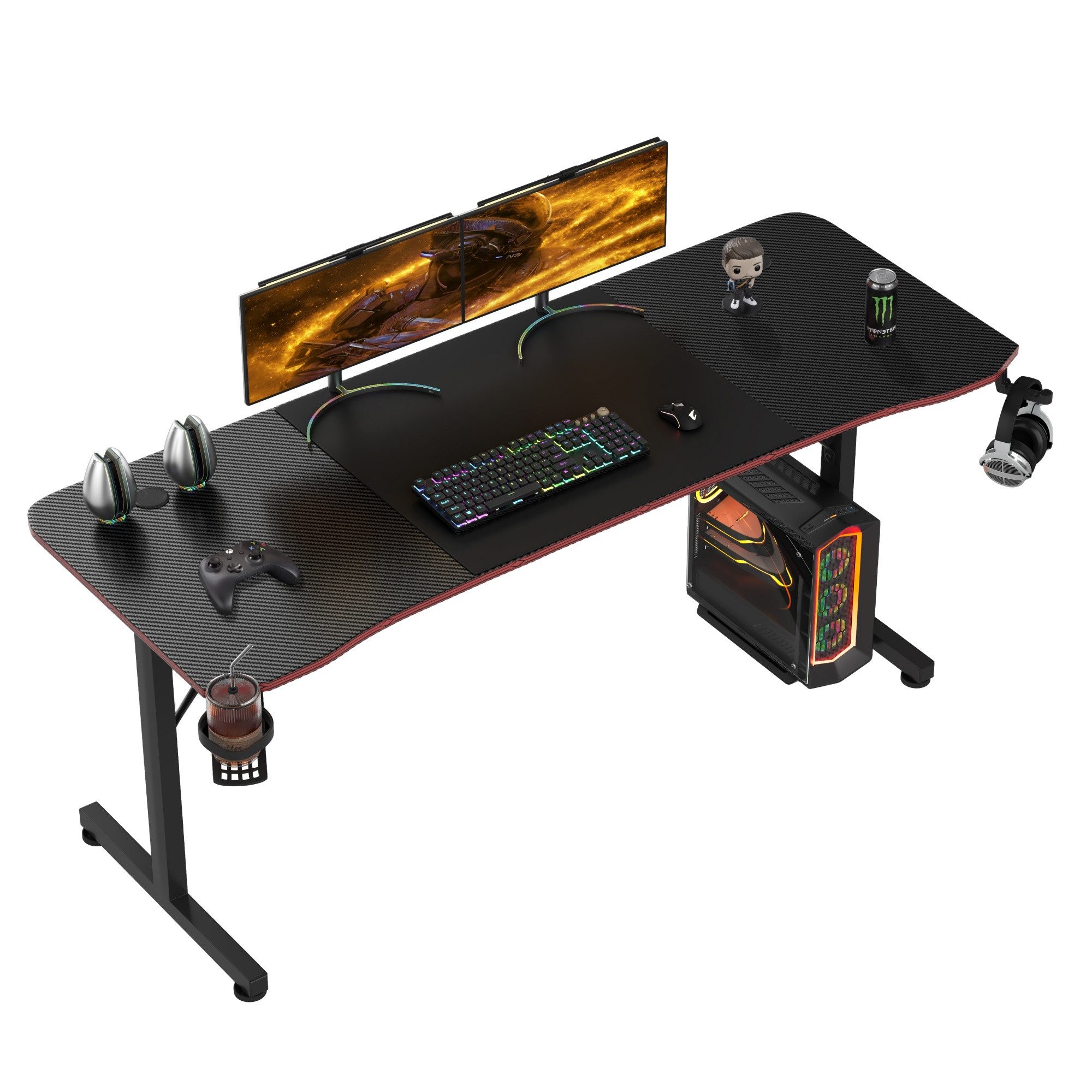 HOMALL Gamingtisch 140/160/180 cm, Computertisch, Gaming-Tisch (Ergonomischer Gaming-Schreibtisch für das Gaming-Zimmer, ausgestattet mit Kopfhörerhalterung, Getränkehalter, Mauspad und T-förmigen Tischbeinen, geeignet für Büros und E-Sport-Umgebungen)