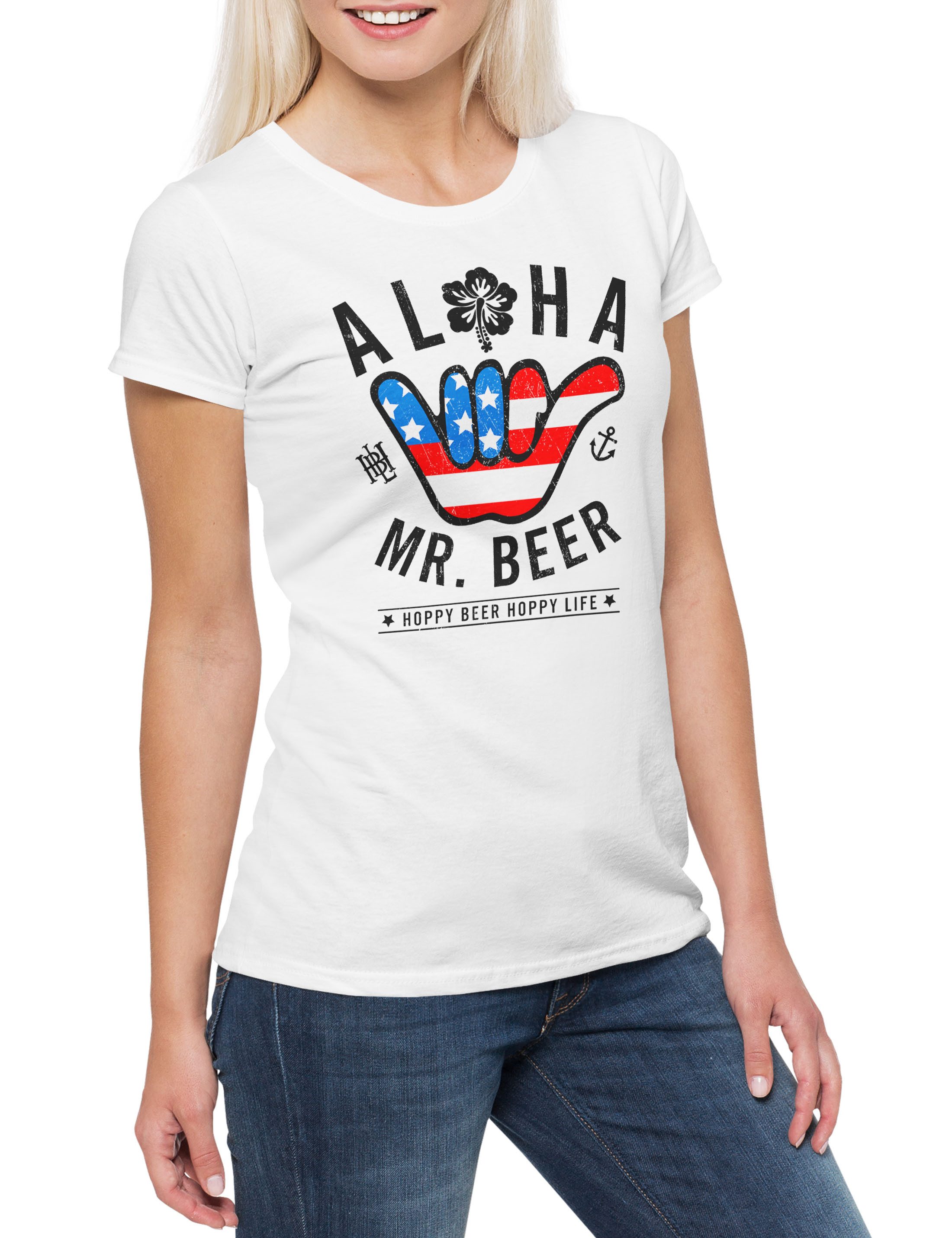 Print-Shirt Aloha Mr. Beer Damen T-Shirt Hoppy Happy Life Bier Brauer Brauerei