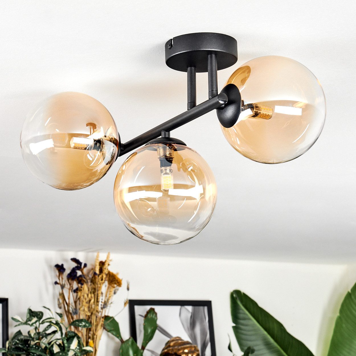 hofstein Deckenleuchte Deckenlampe aus Metall/Glas in Schwarz/Bernsteinfarb günstig online kaufen