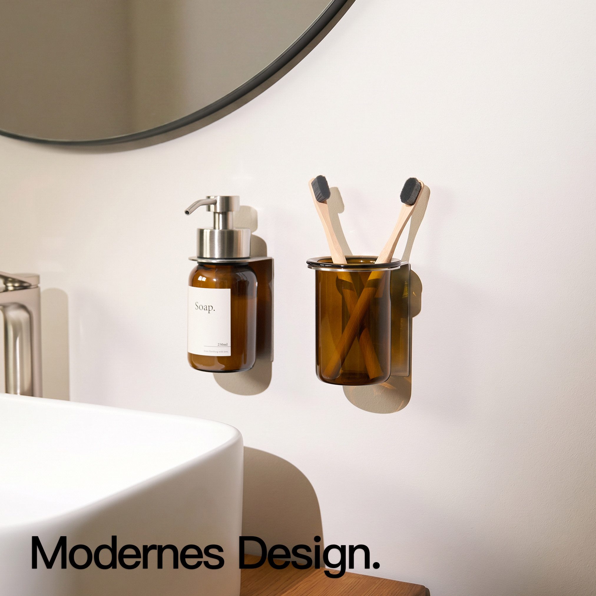 Designfabrik Hamburg Zahnbürstenhalter Glas Wandmontage ohne Bohren, pulverbeschichtet, Glas – Bild 2 von 5