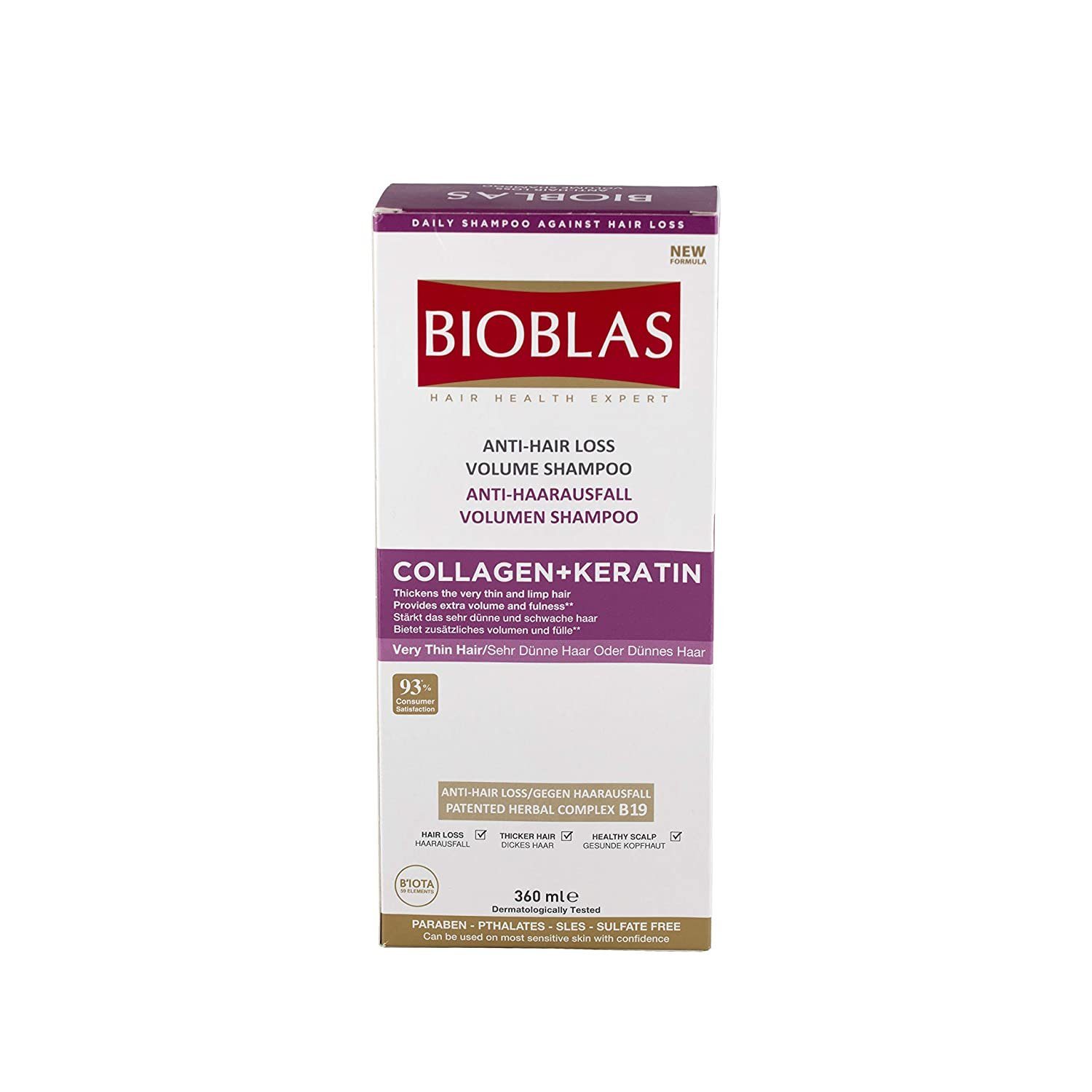 Bioblas Haarshampoo Volumen Shampoo mit Collagen und Keratin gegen Haarausfall (360 ml)