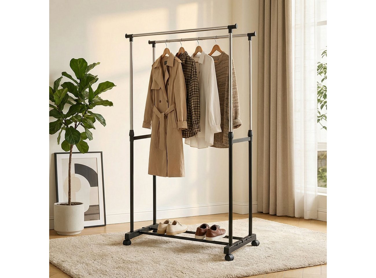 shop'n smile ideoon Kleiderständer Mobiler Kleiderständer Doppelstange B 80 cm Höhenverstellbar 90-160cm, Fahrbare Doppel-Kleiderstange, mit Schuhablage, 80 x 90–160 x 42cm