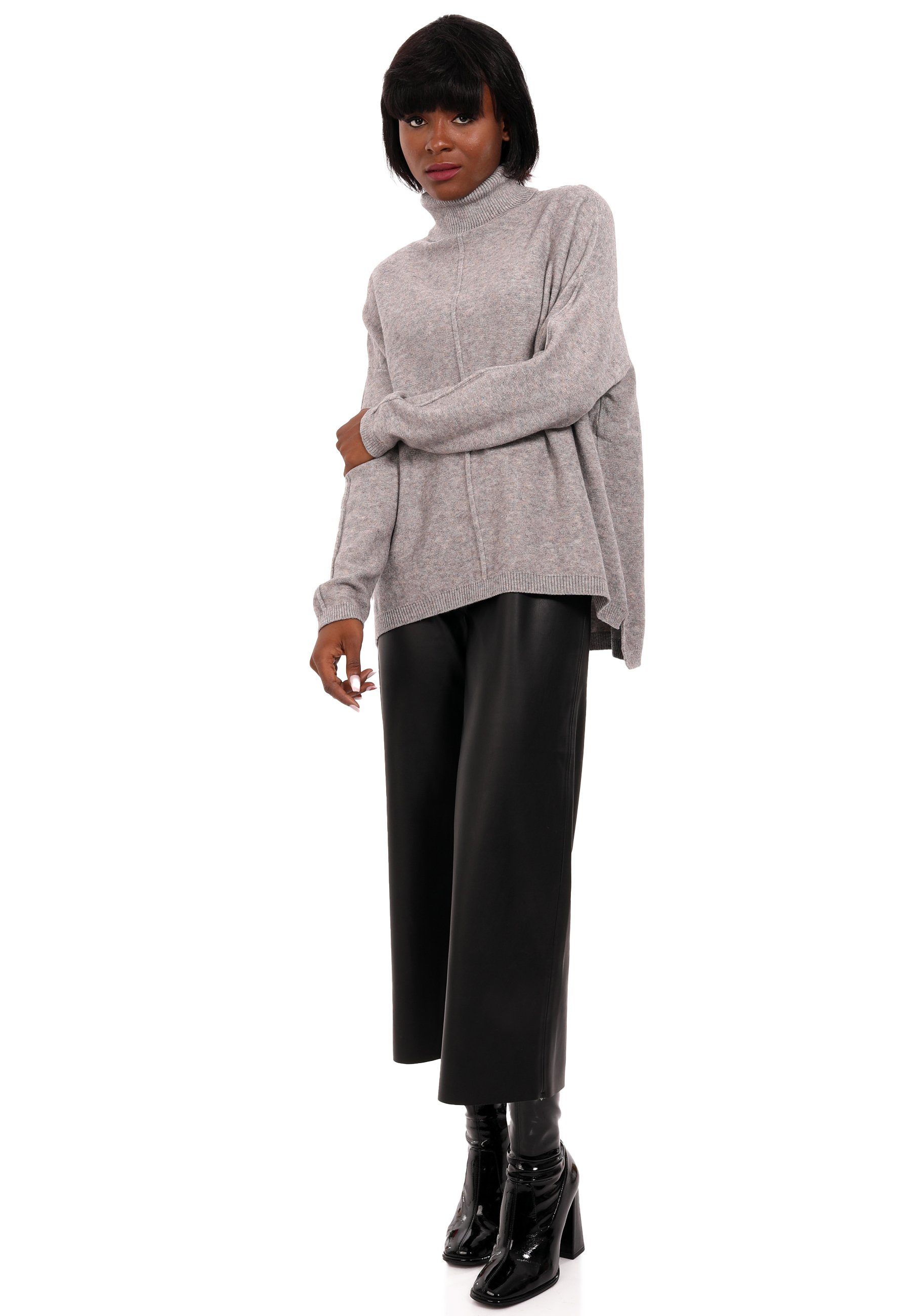 Oversized Fashion YC One Style Optik grau melierter in aus (1-tlg) Pullover Feinstrick Size & Rollkragenpullover