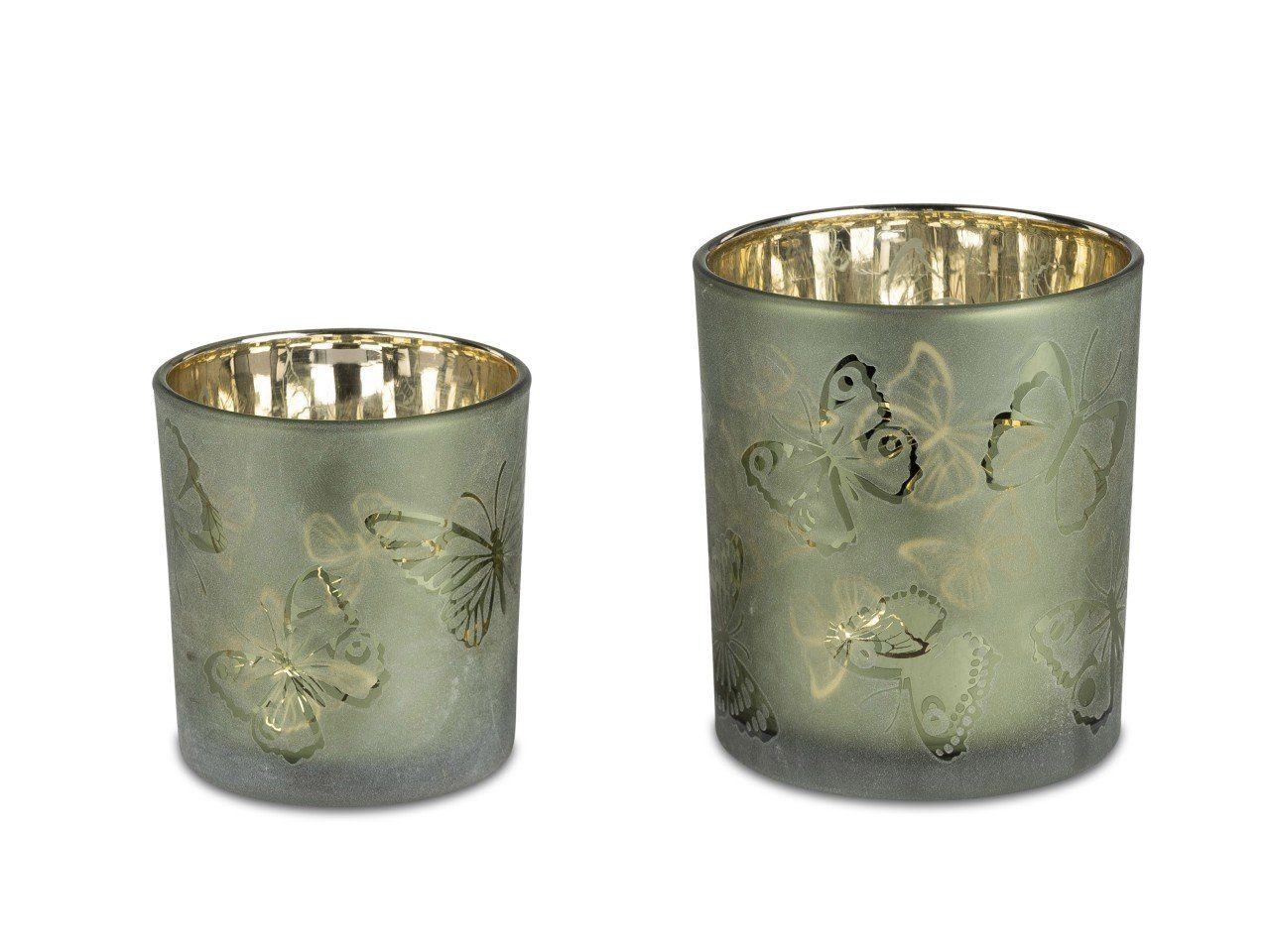 Teelichthalter Glas formano Grün D:8.7cm H:10cm Schmetterlinge,