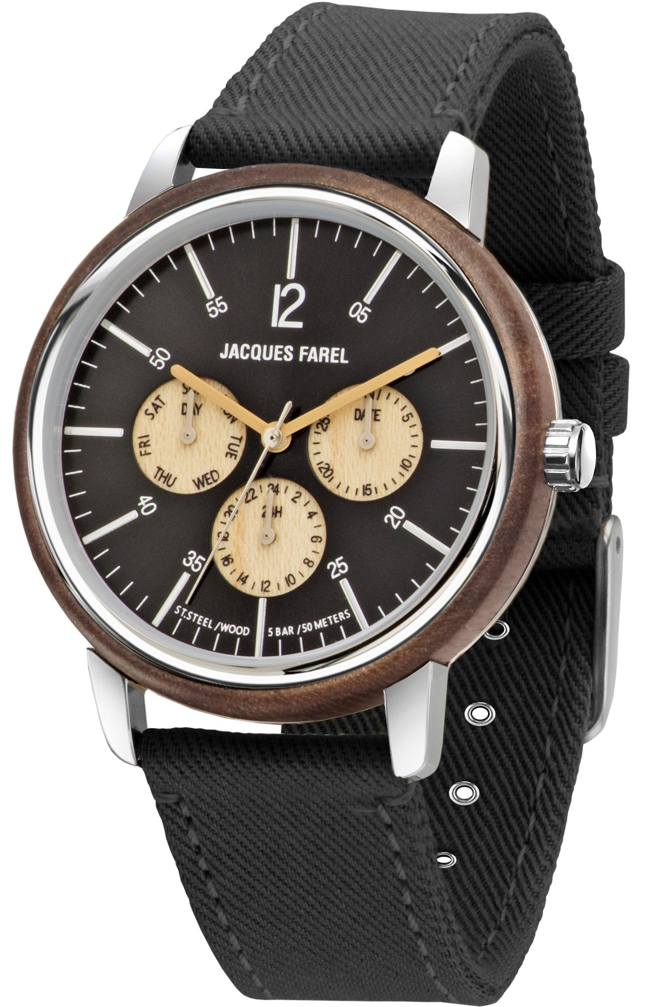 Jacques Farel Quarzuhr ORM2032 nachhaltige Herren Damen Armbanduhr Stahlgehäuse Holzring Lyocellband 5 bar, Analog Schwarz Dunkelbraun Multifunktion Datum Wochentag 24h Ø42 mm