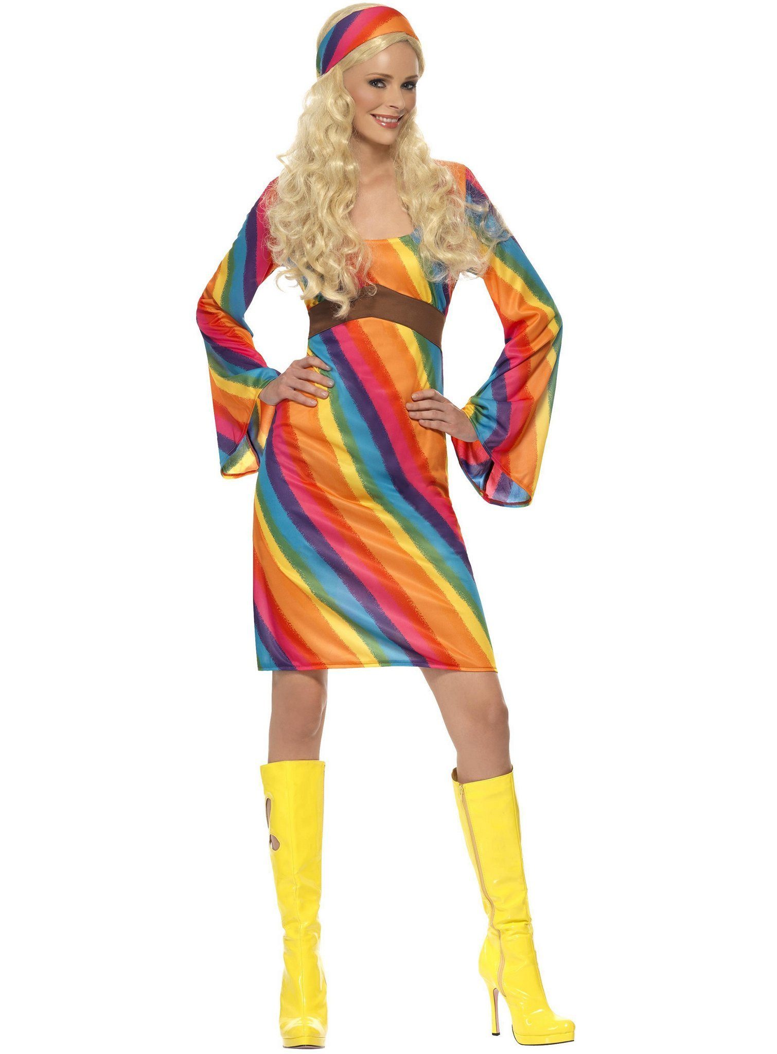 Smiffys Hippie-Kostüm Regenbogen Hippie - Kostüm Kleid für Fasching, Für den Summer of Love unterm Regenbogen