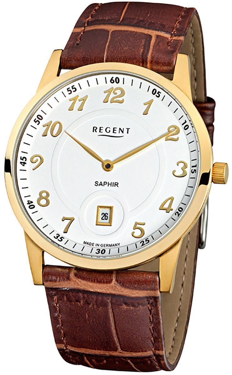 Regent Quarzuhr Regent Herren Uhr GM-1401 Leder Quarz, Herren Armbanduhr  rund, groß (ca. 40mm), Lederarmband | Quarzuhren