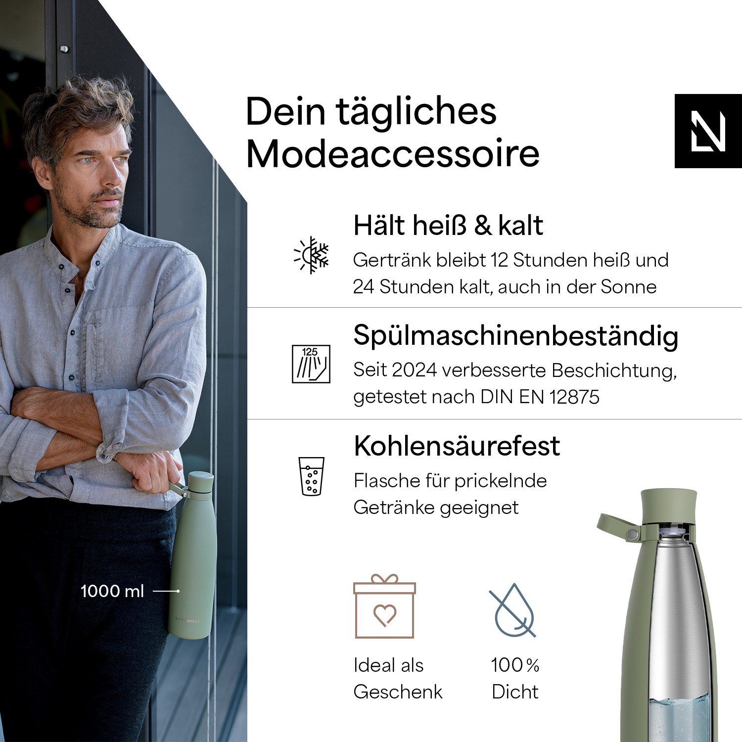 LARS NYSØM Thermoflasche Nåde, Vakuum Isolierung & Trageschlaufe: 12h heiß / 24h kühl