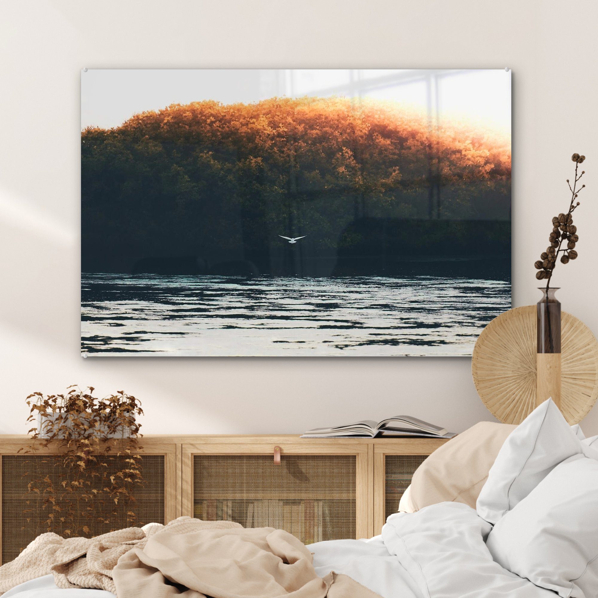 MuchoWow Acrylglasbild & - (1 St), Wohnzimmer - Acrylglasbilder Vogel Wasser, Baum Schlafzimmer