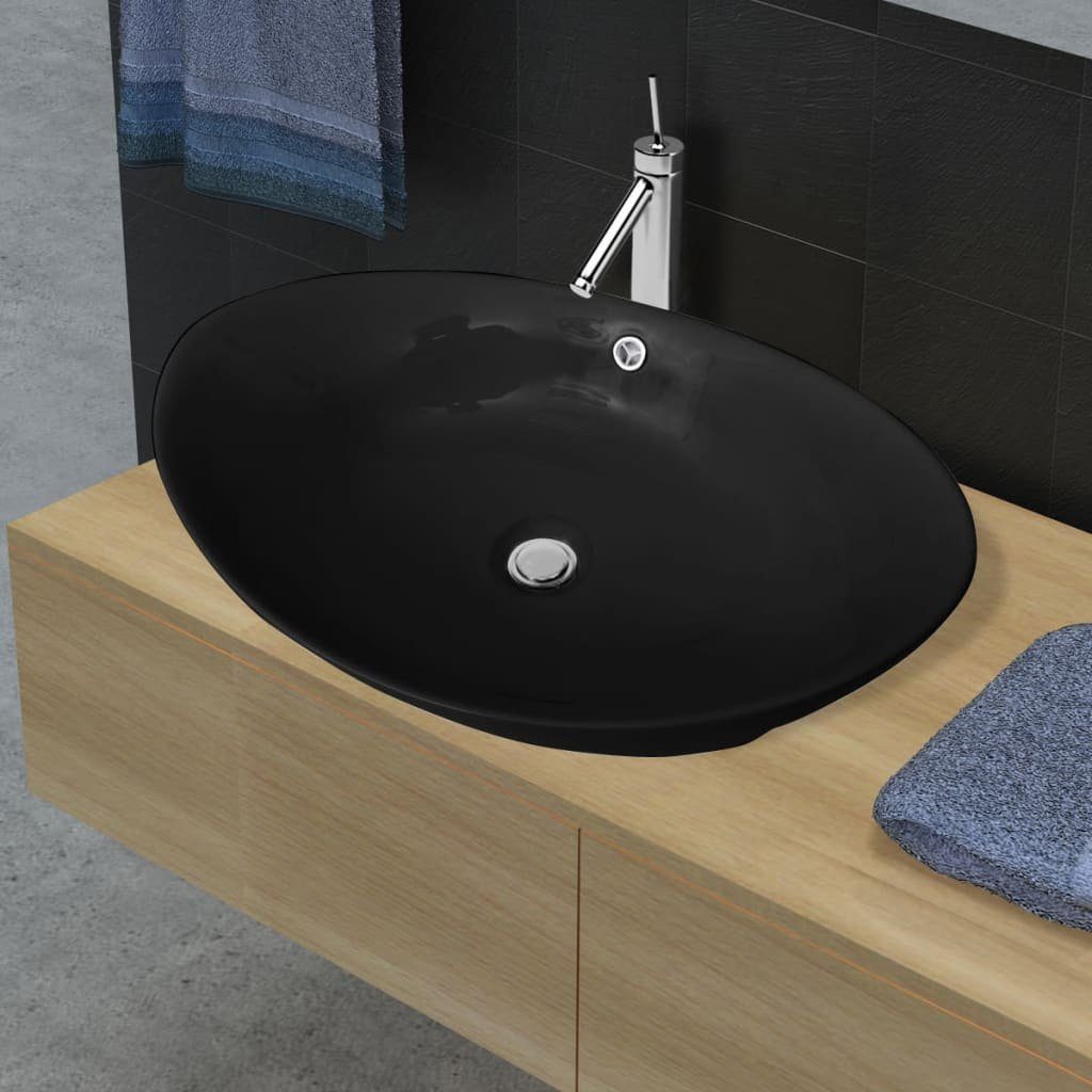 vidaXL Waschbecken Luxuriöses Keramik Waschbecken Oval Schwarz